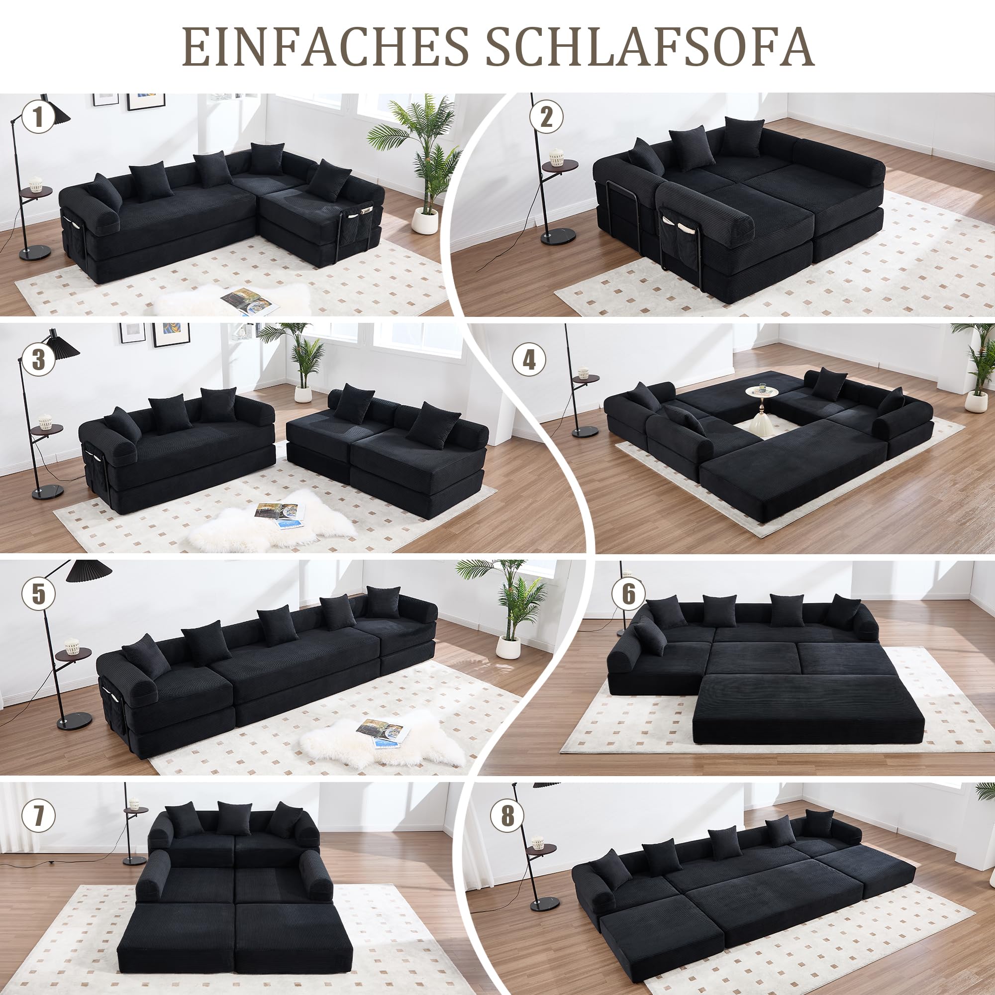 Sapgaks Canapé Convertible 4 Places avec Structure en métal Robuste, Poches latérales et 5 Coussins,canapé modulaire en Velours côtelé,Peut être combiné Librement,canapé lit,Noir