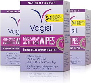 Vagisil Anti-Itch Medicated Feminine Intimate Wipes for Women, Maximum Strength, Gynecologist Tested, 12 Wipes (Pack of 3)