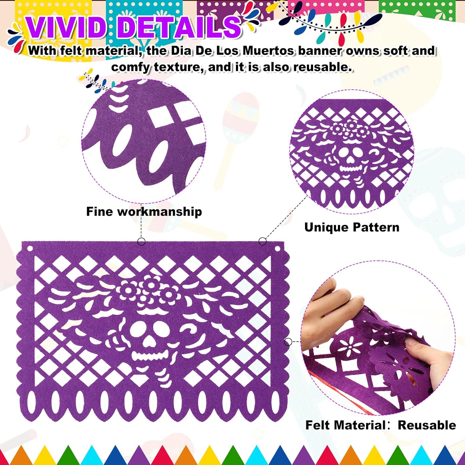 Oudain 10 Pack Mexican Party Banners Fiesta Party Decoration 164 Ft Felt Cinco de Mayo Papel Picado Banner for Mexican Theme Day of the Dead Dia De Los Muertos Supplies