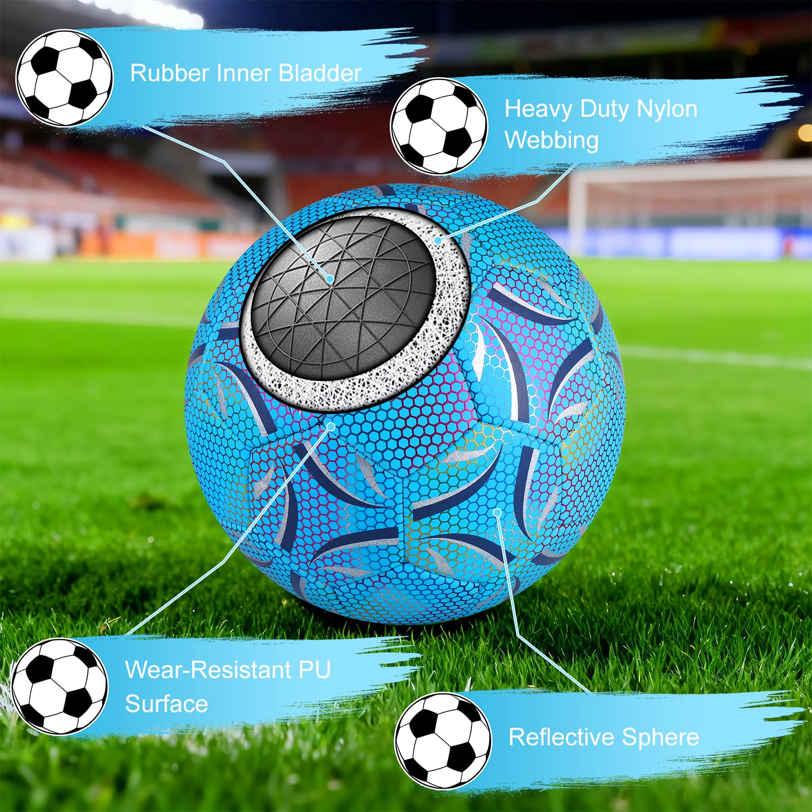 Leuchtender Fußball, Fußball Leuchten im Dunkeln Größe 5, Reflektierender Fussball mit Pumpe für Nachtspiele Training, Sport Leuchtfußball für Erwachsene (Blau)