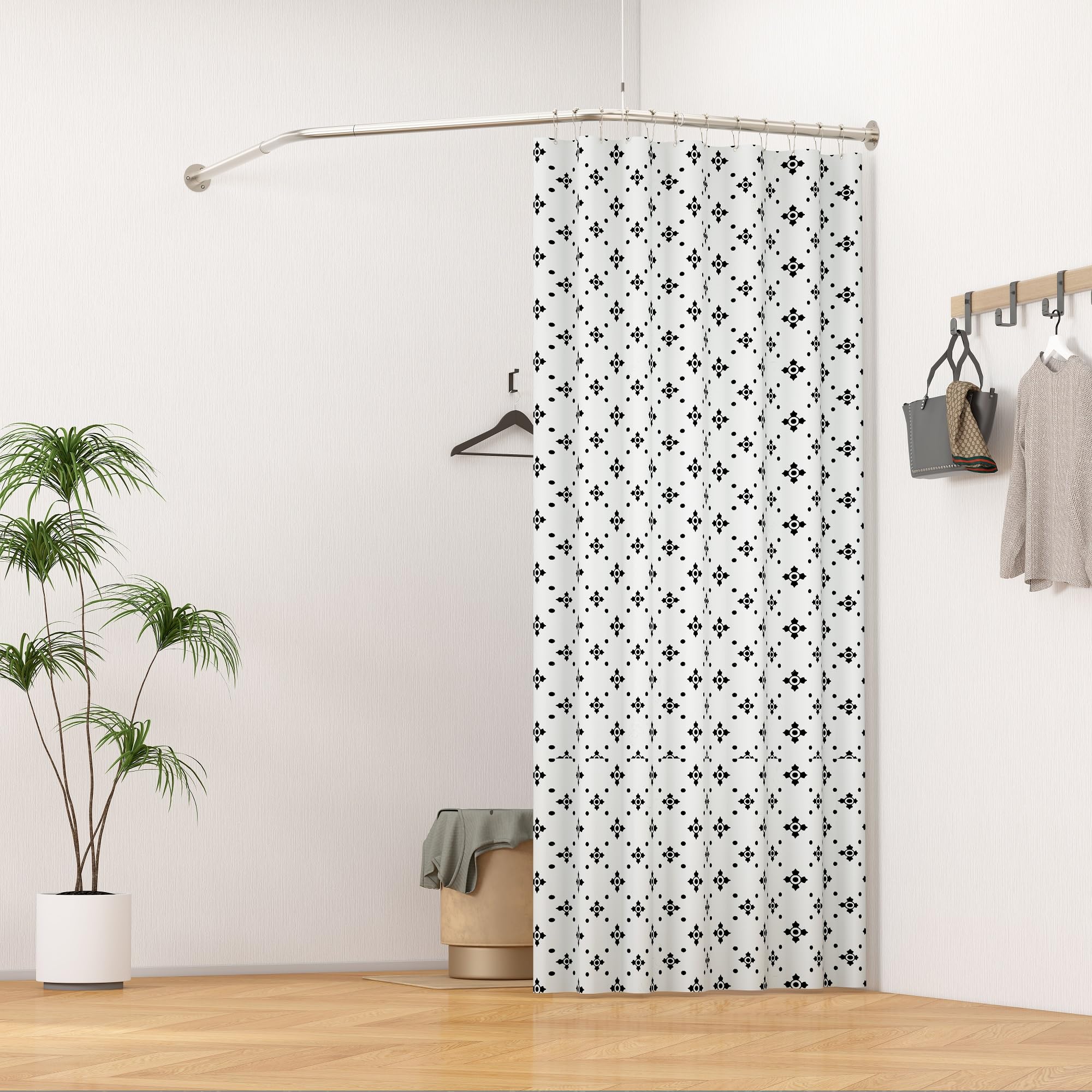 Tringle à rideau de douche en forme de diamant, barre de douche d'angle réglable avec 12 anneaux de rideau et support de plafond pour baignoire/salle de bain, montage par perçage requis [Deux côtés