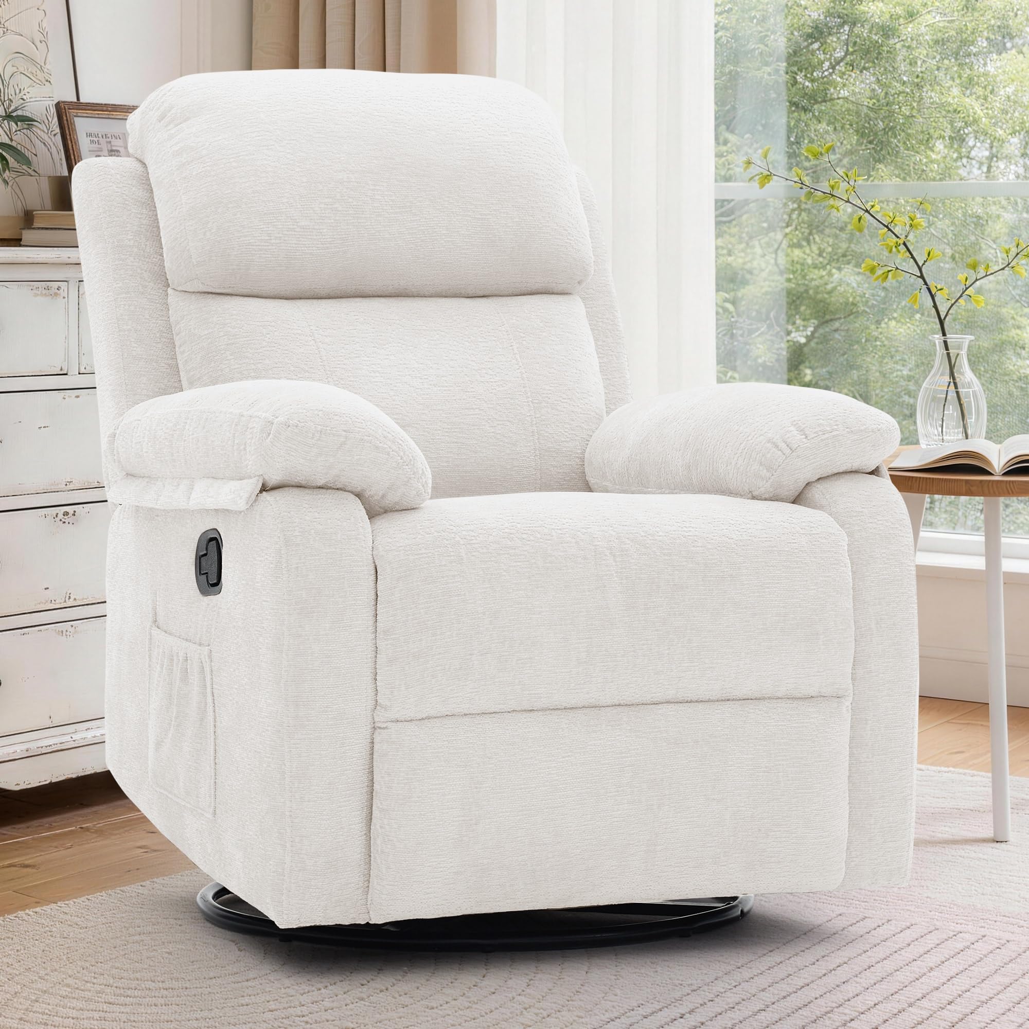 Recliner Chair, 360 Swivel Rocker Chair for Adults, Small Rocking Recliner Chair for Small Spaces, Upholstered Chenille Fabric Glider Recliner Nursery Chair with Side Pockets for Living Room