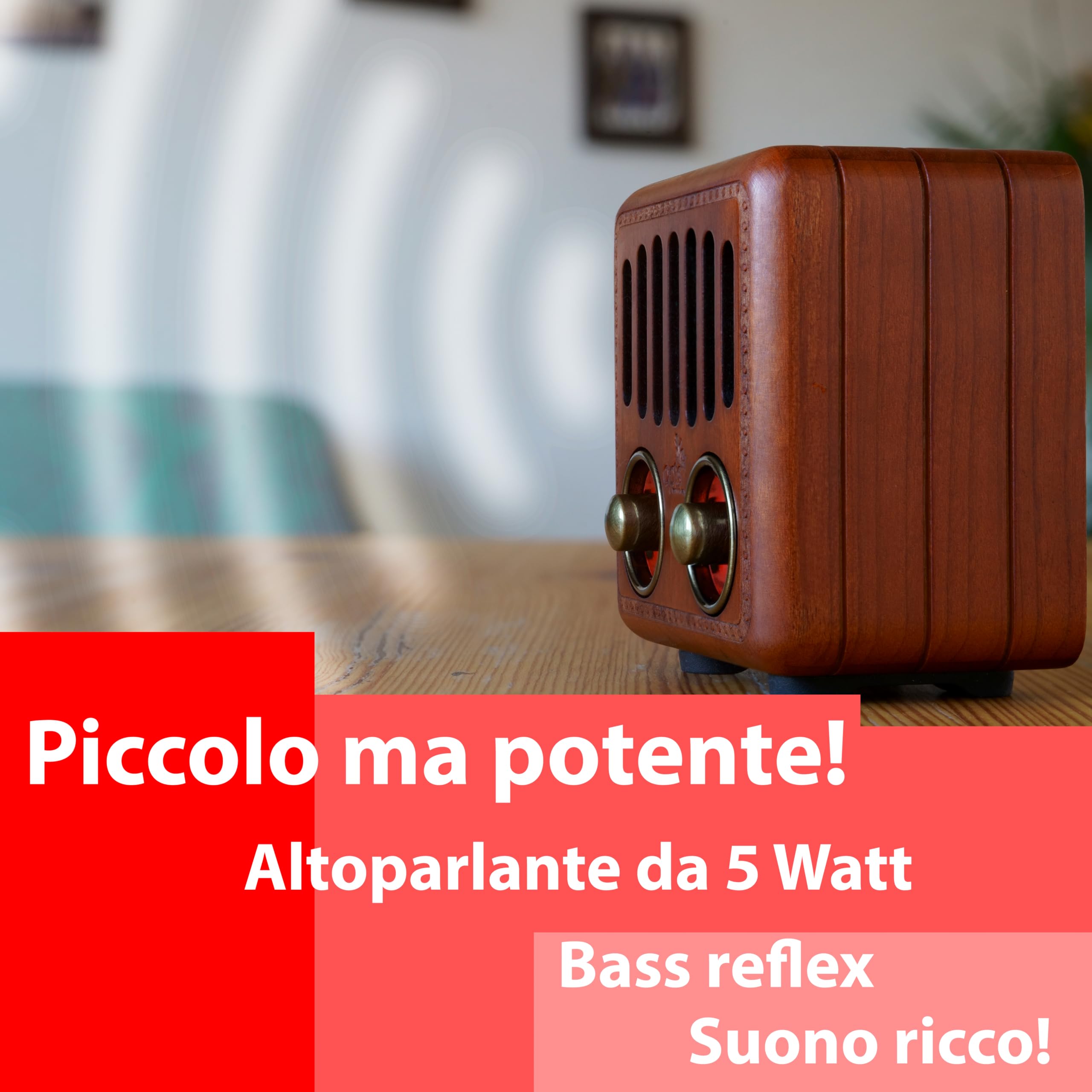 Opis Radio 2: Cassa Bluetooth Legno/Radio Portatile Ricaricabile/Speaker Bluetooth Vintage