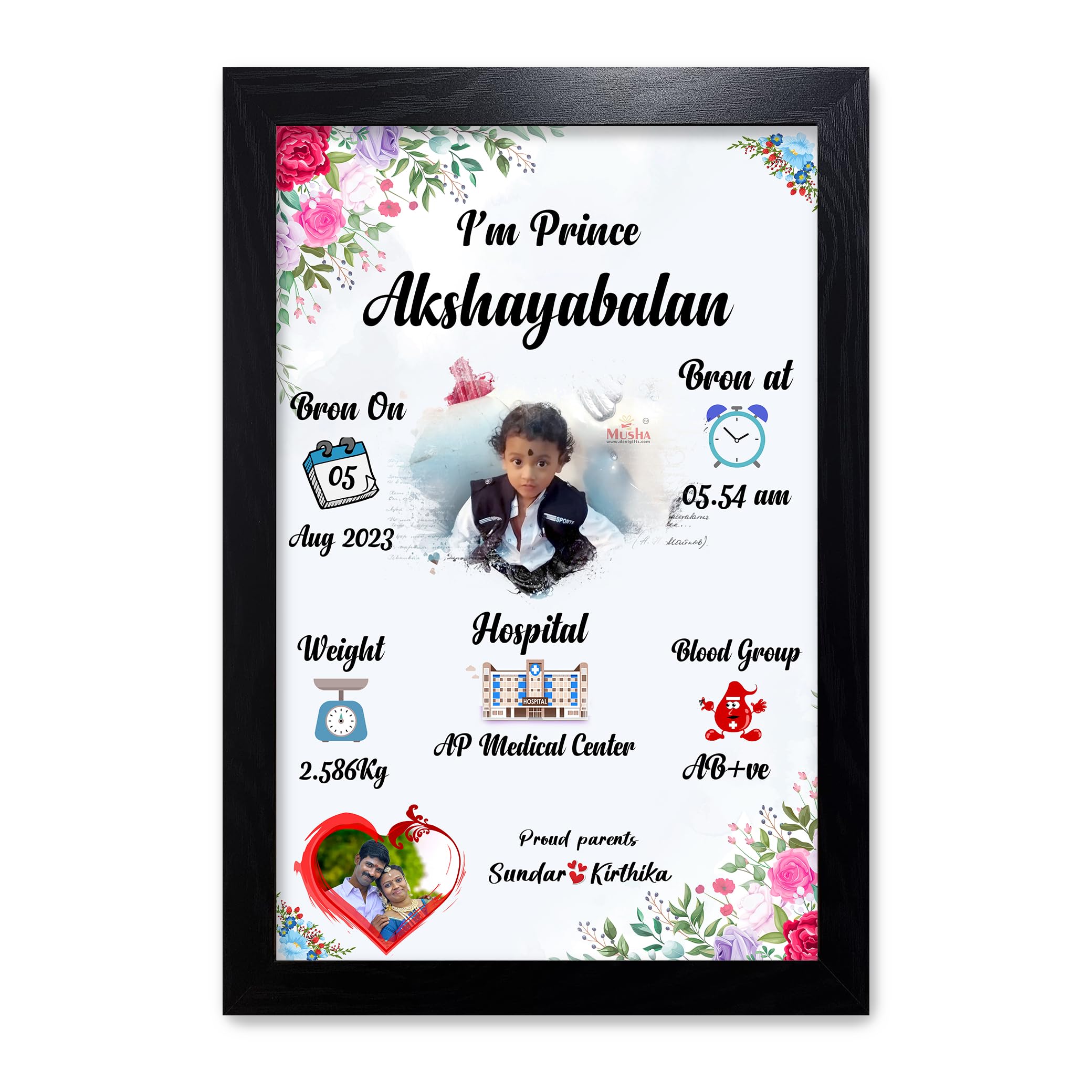 MUSHA - Personlized Wooden New Born Baby Frames with Birth Details | 8 MM Wooden Frame | Personlized Birthday Gift | Wall Mount | 12x18 Inch | Random 1 inch Brown Synthethic Frame