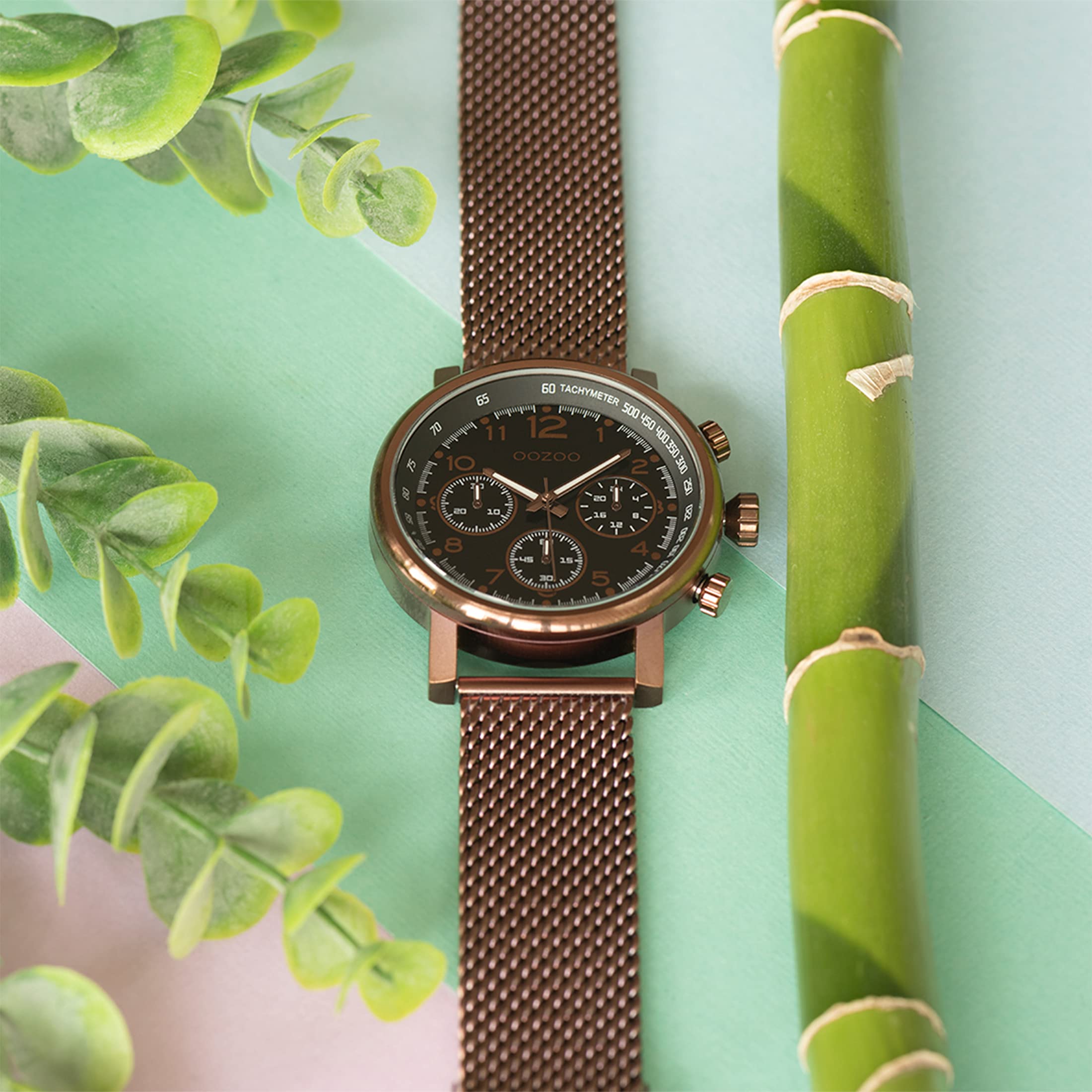 Oozoo Orologio da uomo Chrono Look con cinturino in maglia milanese, 45 mm, marrone / nero, groß, Bracciale
