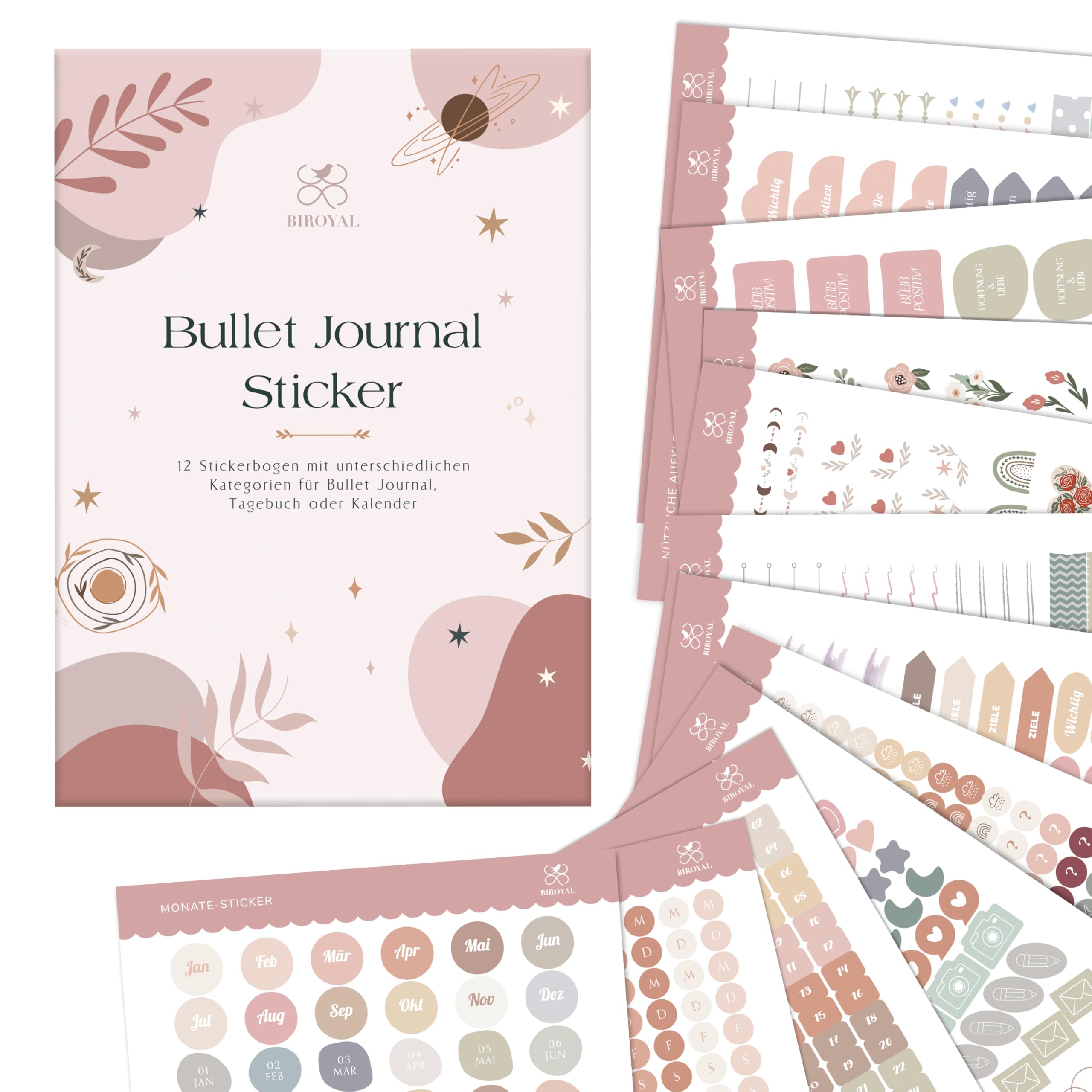 BIROYAL Bullet Journal zestaw naklejek, 12 arkuszy/1000 naklejek, naklejki na kalendarz, kalendarz do dziennika i planera