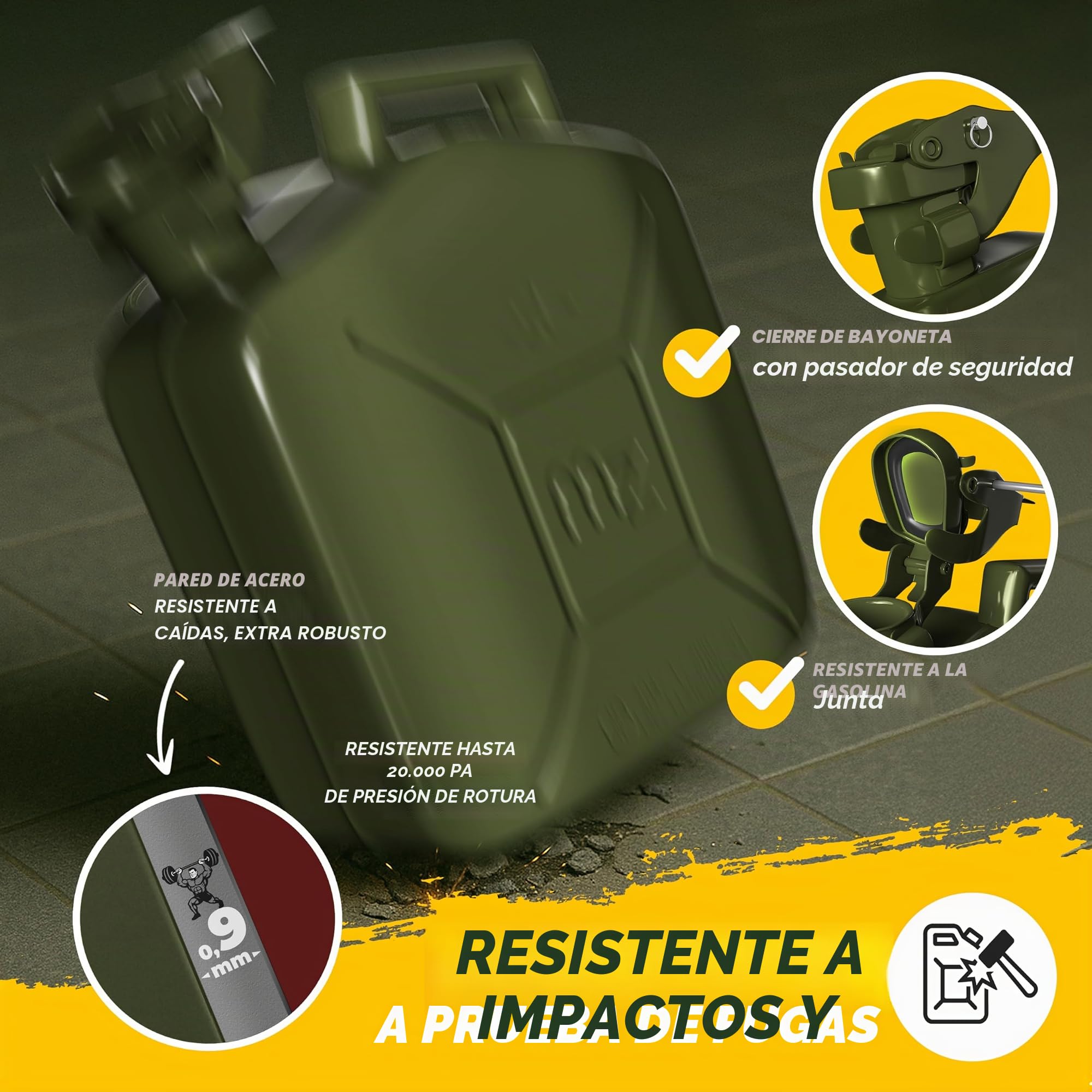 MONZANA® Bidón Gasolina Metálico 20L Set de 3 con Vertedor Acero Extensión Cierre Bayoneta Homologación ONU Transporte Combustible Taller 36x17x46cm Verde Oliva