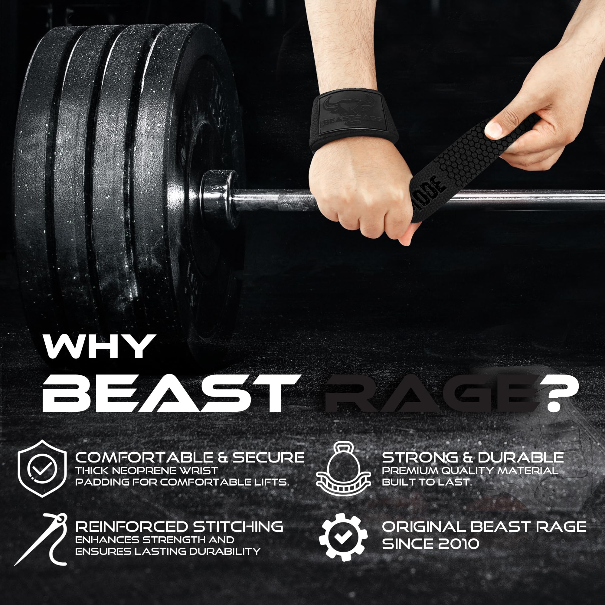 BEAST RAGE Straps Palestra Cinghie per Sollevamento Pesi Imbottite, Supporto per i Polsi, Cinghie per Fitness e Palestra, con Presa Flessibile Gel Fasce Polsi Accessori
