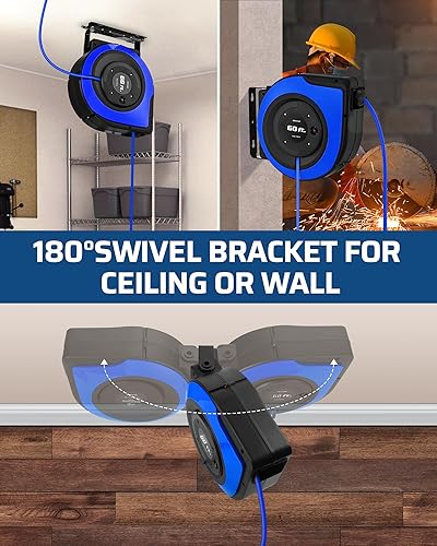 Miniatura 7 de DEWENWILS Carrete de cable retráctil, cable de extensión resistente de 60 pies, 12 AWG3C SJTOW, 3 salidas a tierra iluminadas triple grifo,