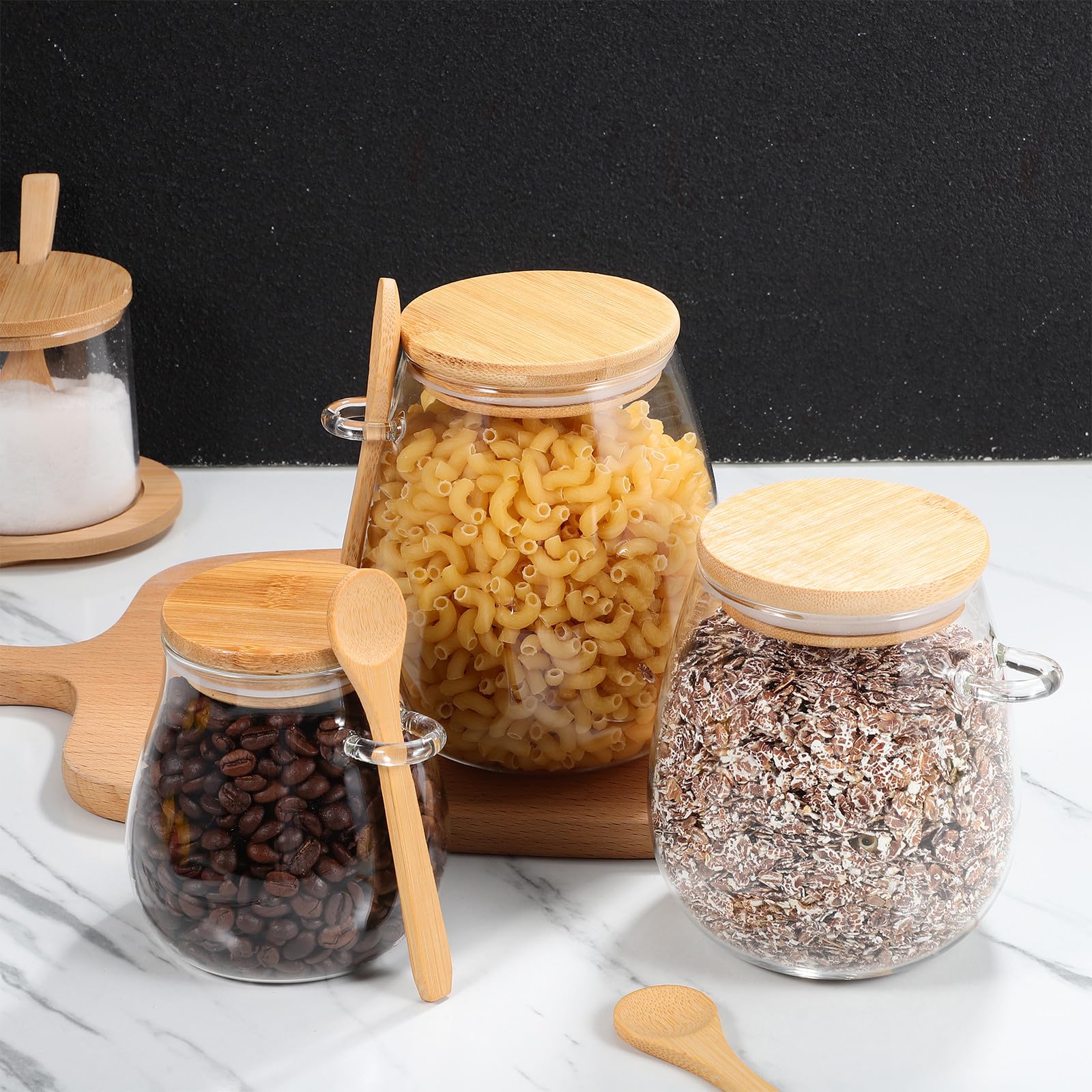 3 Stück Vorratsglas aus Glas mit Holzdeckel und Löffel Luftdichte Aufbewahrung für Tee und Overnight Oats Elegante Sichtbarkeit und Praktische Dosierung