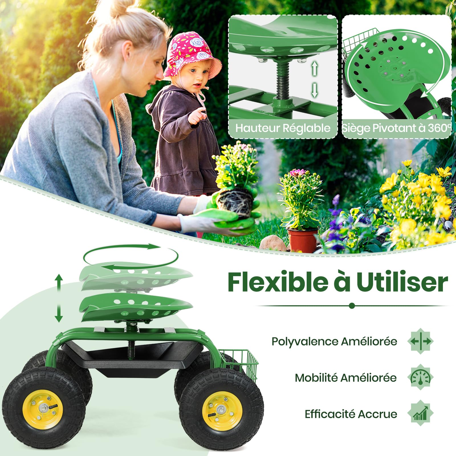 GOPLUS Asiento de Jardín Giratorio de 360°, Cesta de Almacenamiento para Herramientas, Taburete y Asiento de Trabajo Exterior, Altura Ajustable, para Jardinería y Plantación, Carga 150 kg (Verde)