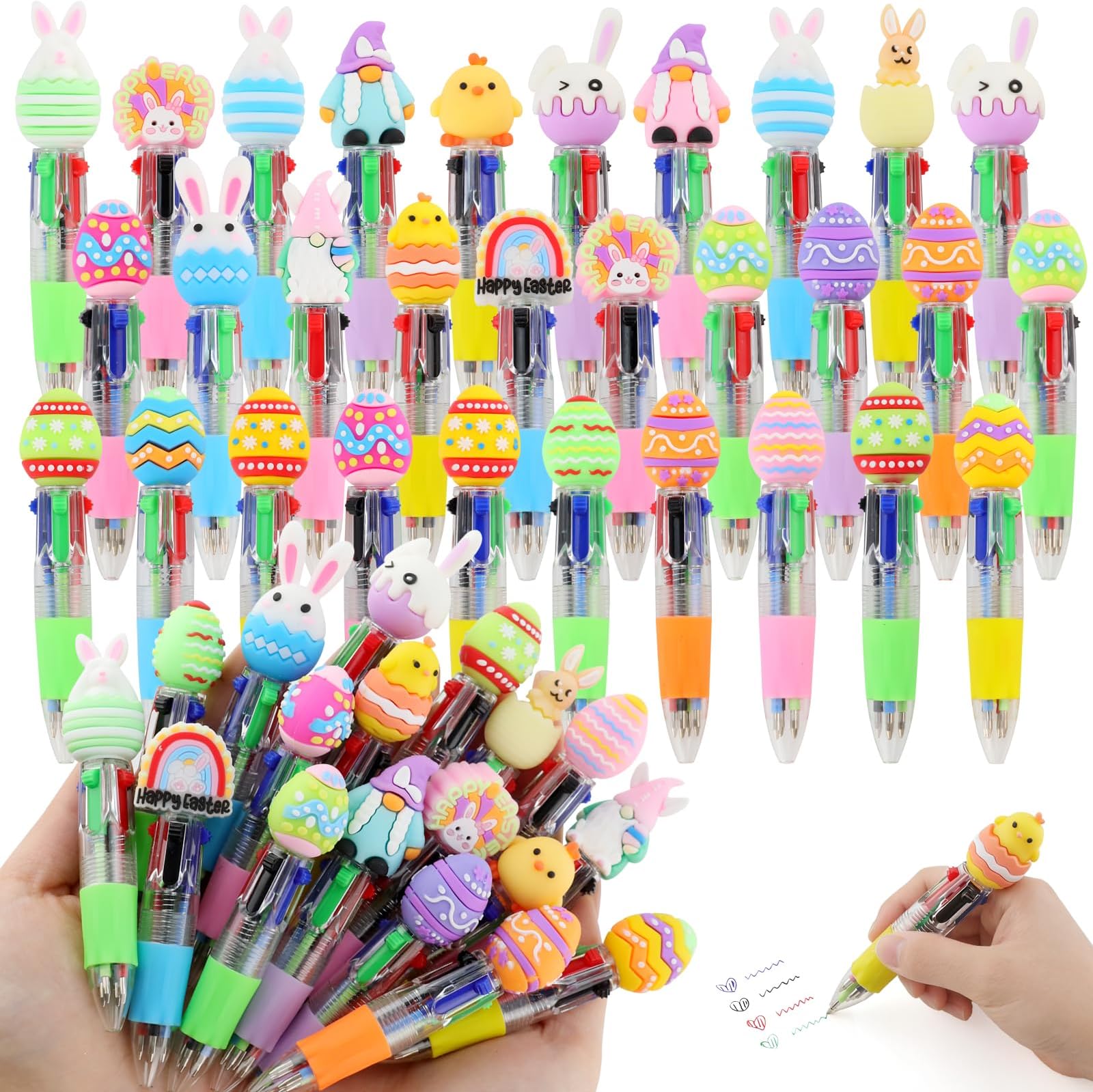 30 Pcs Easter Multicolour Pens 4 in 1 Ballpoint Pens All in One 10 cm Retractable Cute Novelty Pens With 3D Cartoon Toppers 0.7 mm Tip for Party Bag Fillers Classroom Gifts School Supplies