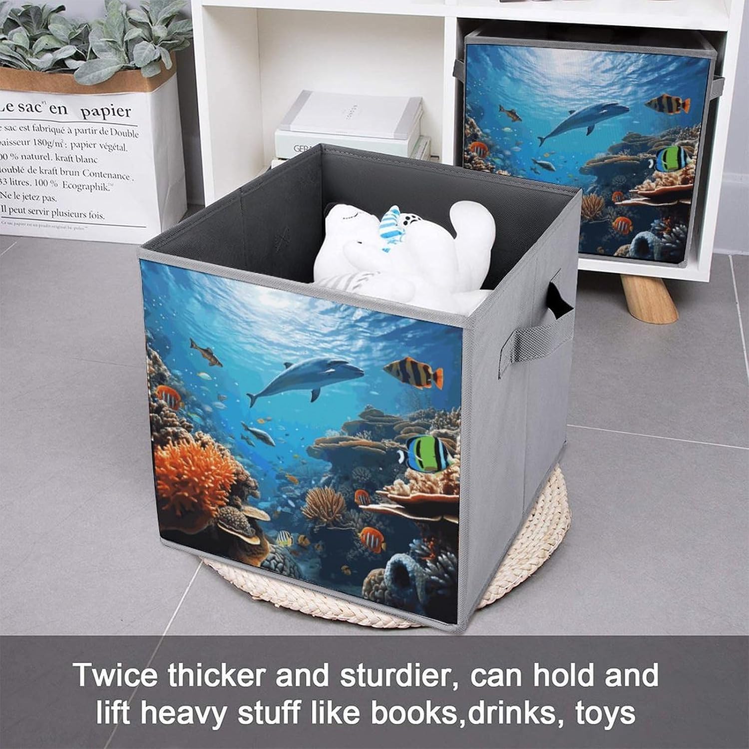 Ocean Sea Seabed Coral Fish Storage Cubes Set of 6 Storage Bins with Handles Collapsible Storage Basket Fabric Storage Box for Shelves Large Closet Shelf Organizer for Organization 11 Inch