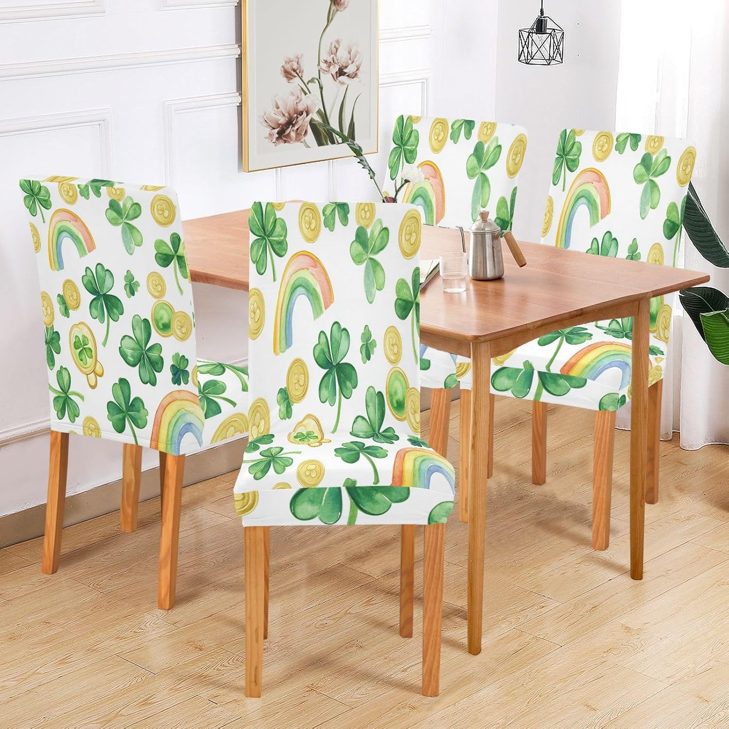 ALAZA Chair Covers for Dining Room, St Patrick Day Clover Rainbow Coins Stretch Chair Cover Sets Chair Protector Removable Washable for Ktichen Restaurant Hotel