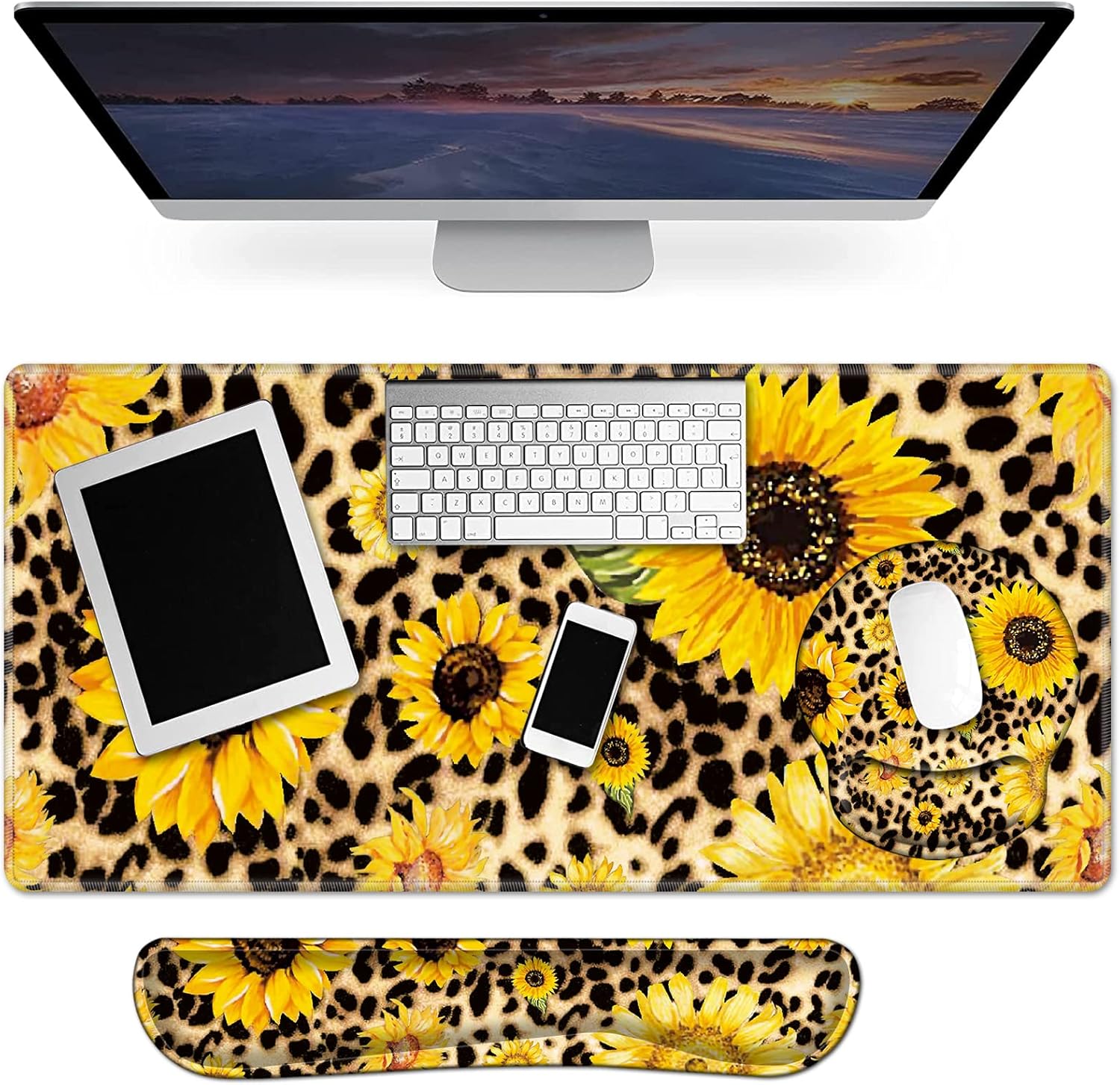 3 in 1 Full Desk Mouse Pad and Keyboard Wrist Rest Set, Extended Gaming Mouse Pad + Ergonomic Keyboard and Mouse Mat with Soft Memory Foam Wrist Support for Office Home, Sunflowers with Leopard Print