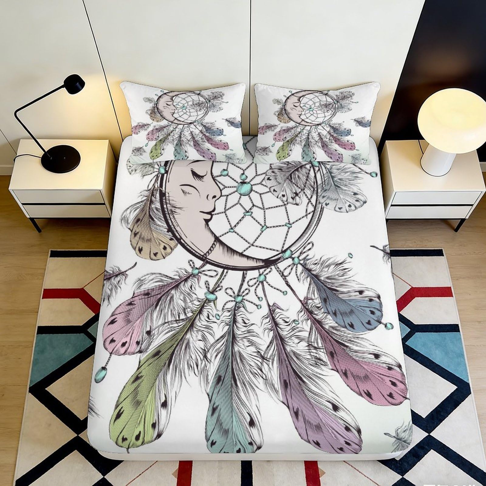 3D Printed Dreamcatcher Feather Fitted Sheet Microfiber Soft Pastel Bed Cover for Bedroom Dorm Easy Care Decor 90x200x25cm