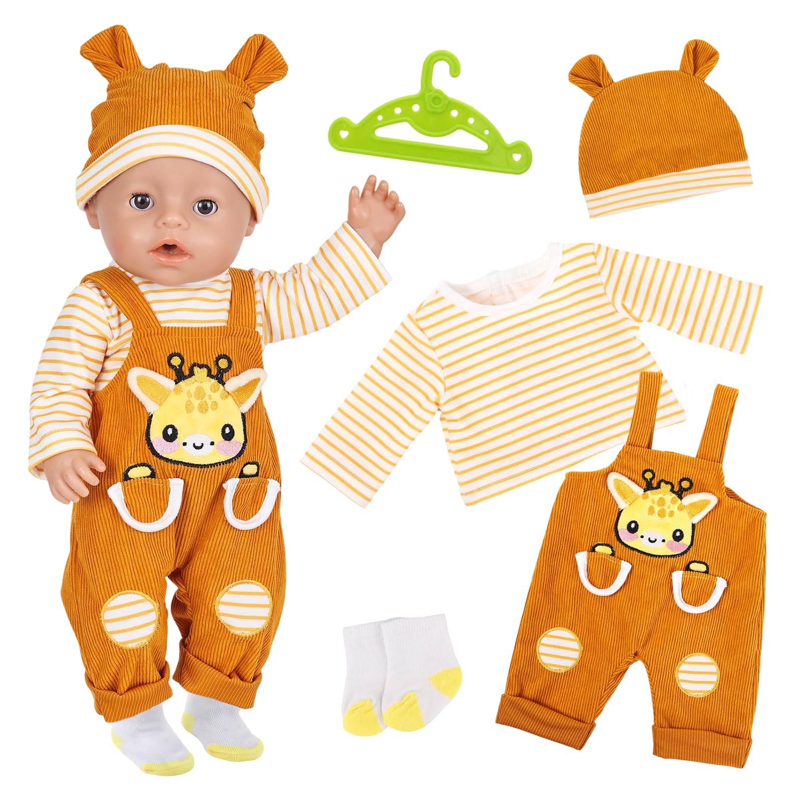 Baby Doll Clothes for 14-18 Inch Baby Dolls, Cute Giraffe Newborn Doll Clothes Outfits with Jumpsuit Long-sleeved top Hat Hanger Socks for 35-45 cm Sweet Dolls, Baby Doll Accessories Gift for Kids