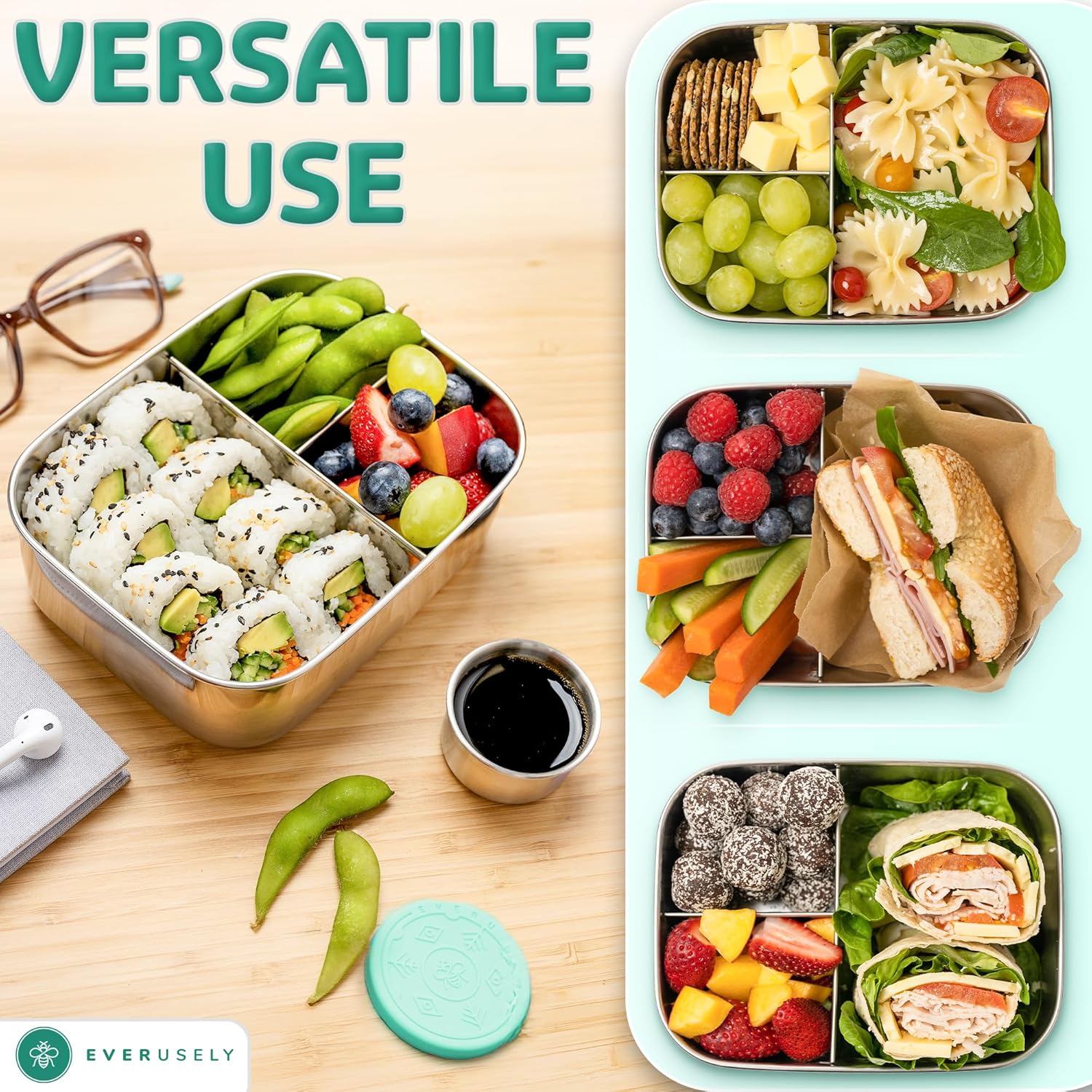 Everusely - Bento Box - Green, 27oz / 0.8 L - Stainless Steel Lunch Box with Leakproof Condiment Container - 3 Compartment Snack Organizer for On the Go Meals - Freezer & Dishwasher Safe - Image 5