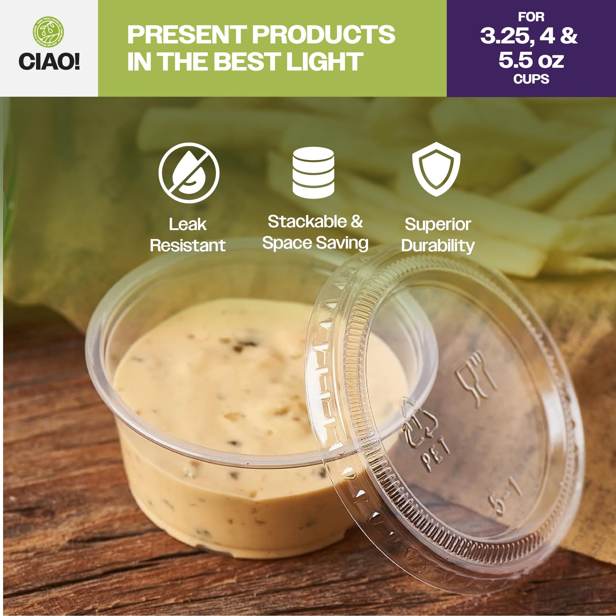 CIAO! Tapa de PET transparente para tazas de porciones de 3.25, 4 y 5.5 onzas, 74 mm de diámetro (caja de 2.500)