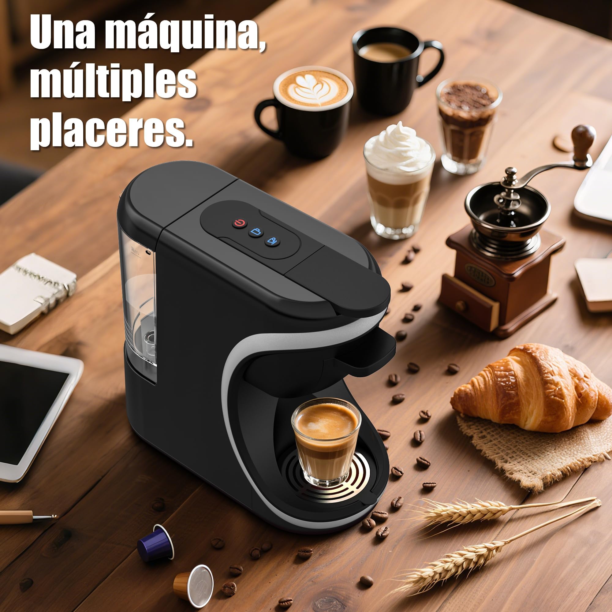 ST-551 3 en 1 Cafetera de cápsulas para Nespresso Original/Dolce Gusto/café molido, dos ajustes de agua, diseño compacto, depósito de agua extraíble de 600 ml (negro)