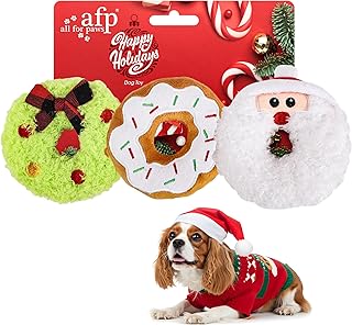 ALL FOR PAWS AFP Christmas Dog Toys, Durable Holiday Plush Squeaky Toys for Dogs, 3-Pack Christmas Donut Design Toys for Fetch Games, Interactive Xmas Gift for Small Medium Large Dogs