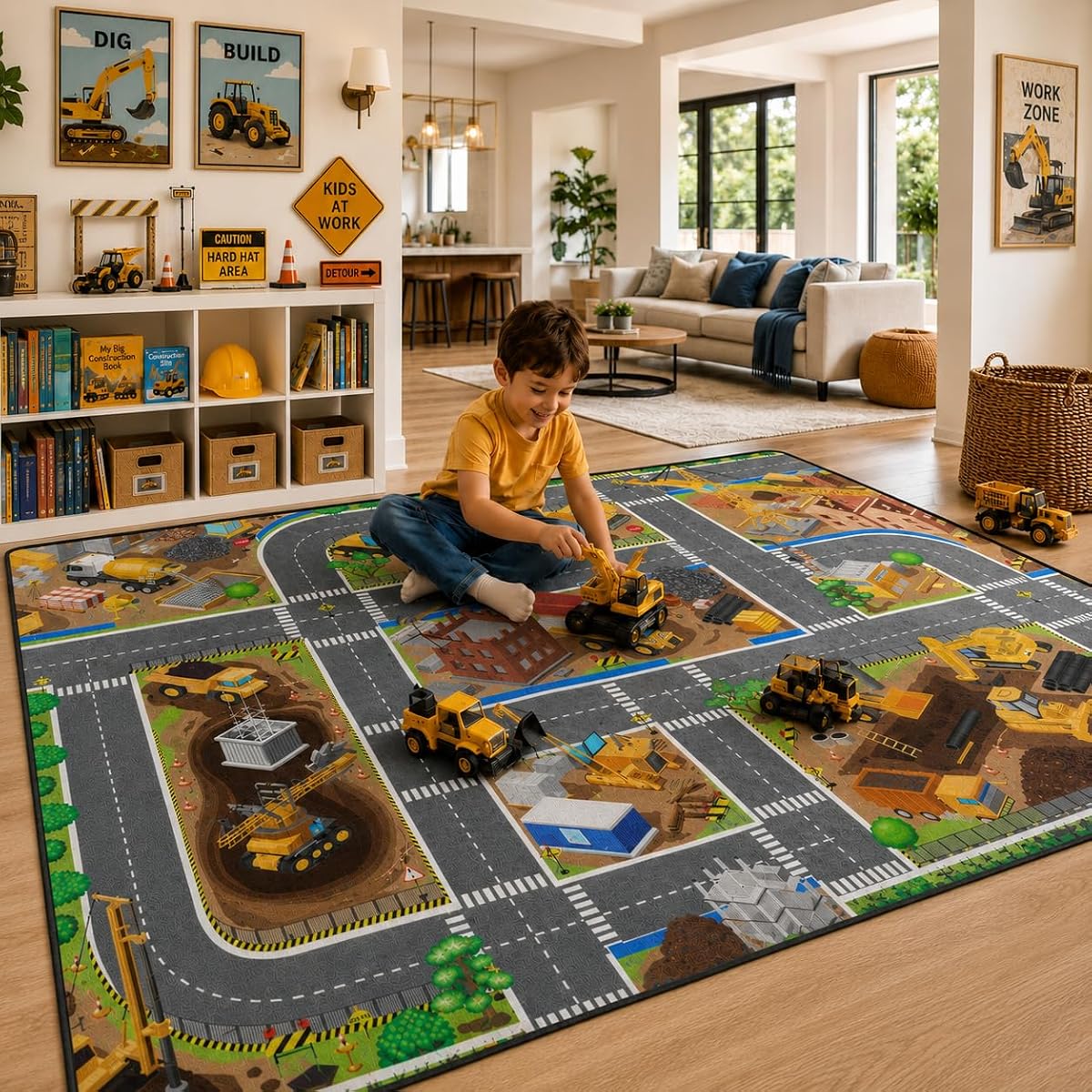 Alfombras para niños de 5 x 7 para sala de juegos, alfombra de juegos para vehículos de construcción para habitación de niños | Alfombra antideslizante y suave para niños, alfombra de juegos para carretera de tráfico para niños pequeños, alfombras de pista de carreras para dormitorio, guardería