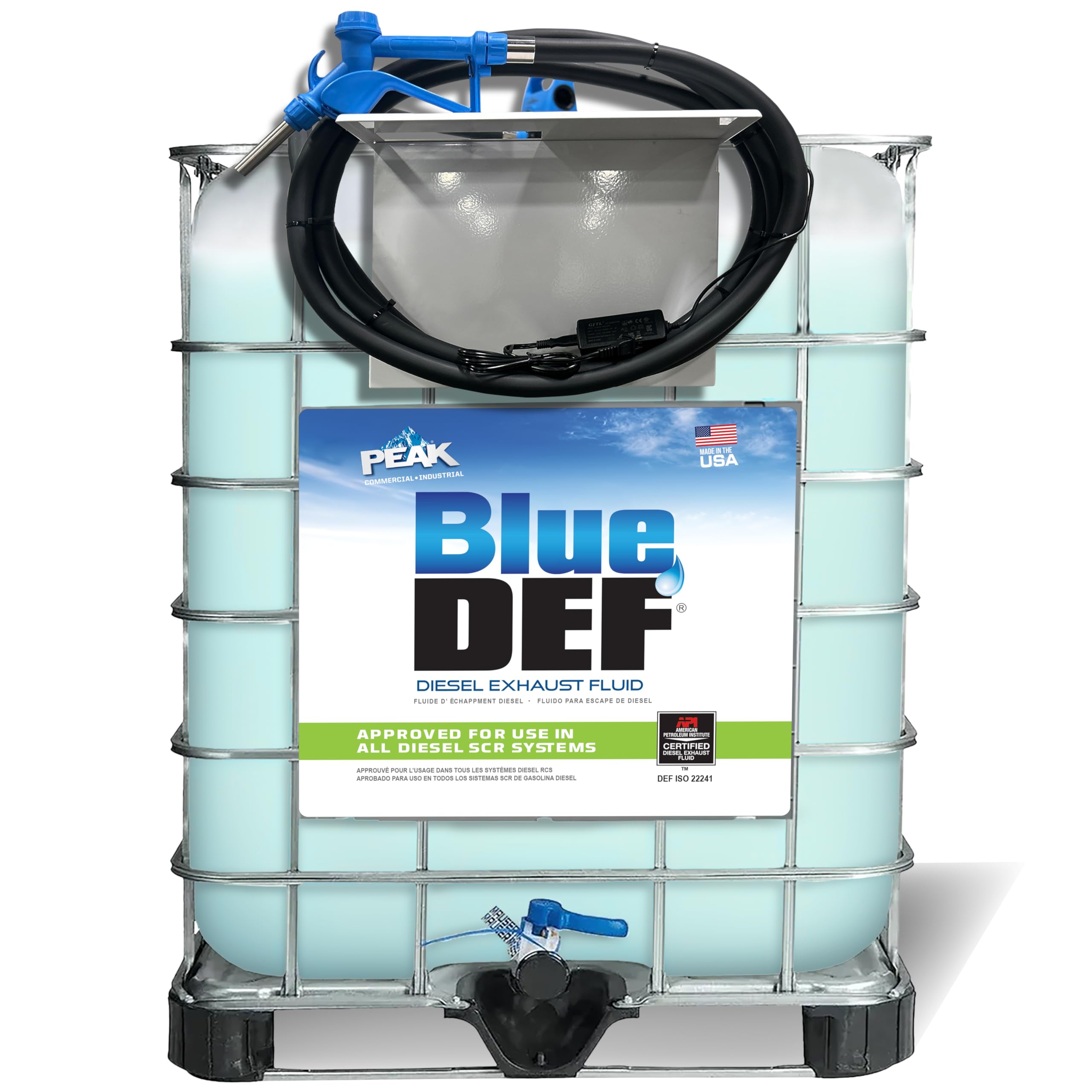 BlueDEF Pre-Filled Tote with Pump - 330 Gallons of Premium Blue DEF - Electric/Battery Powered DEF Pump System and 15ft Heavy Duty Dispensing Hose/
