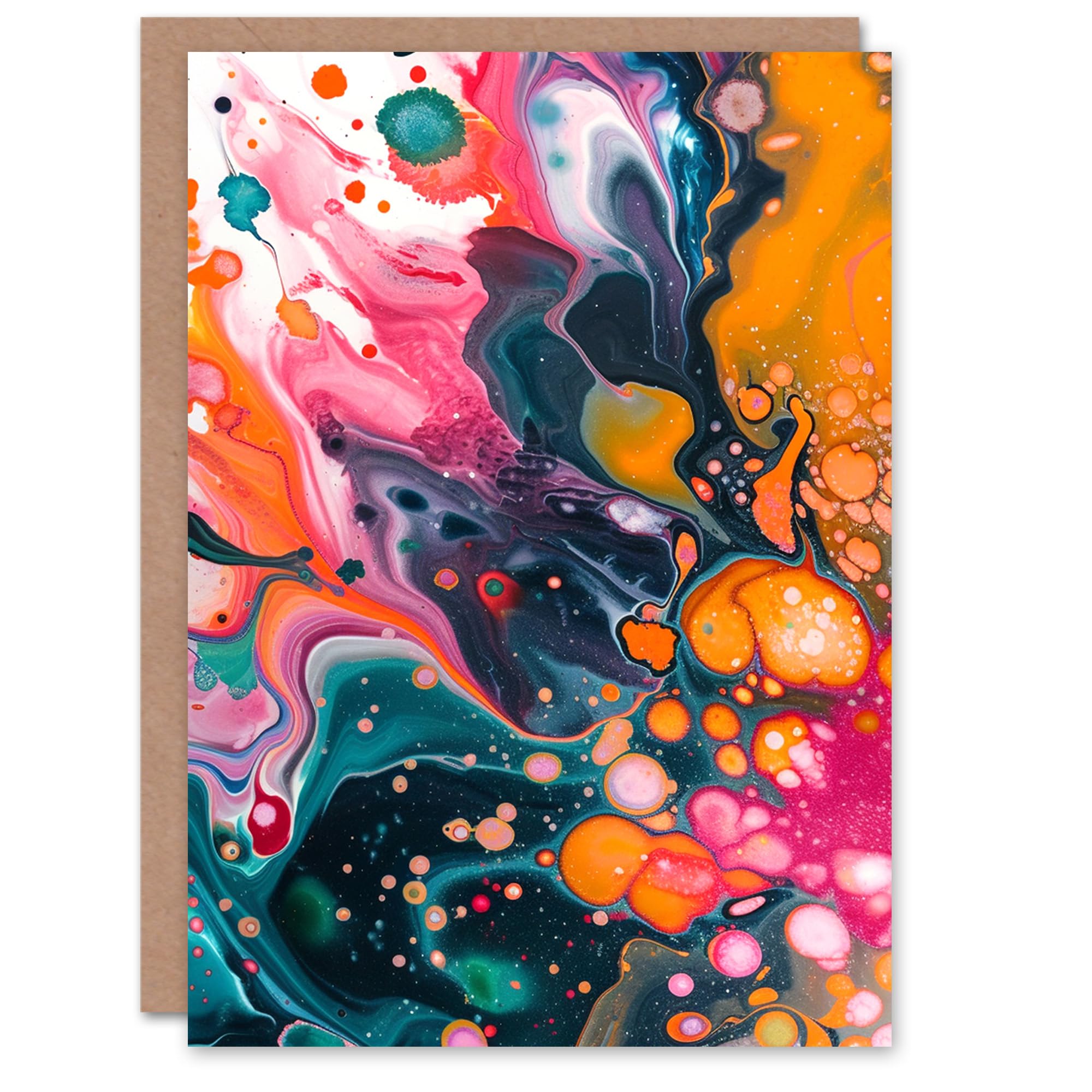Artery8 Birthday Card Fluid Art Orange Pink Blue Abstract Painting Blank Arty Art All Occasion Greeting Card
