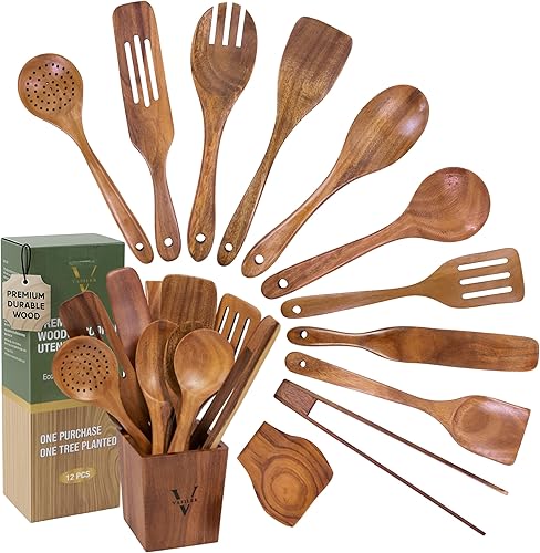 Miniatura 9 de Vasilek Juego de utensilios de cocina de madera - Juego de utensilios de cocina de madera de acacia de 12 piezas con soporte cuadrado y soporte para