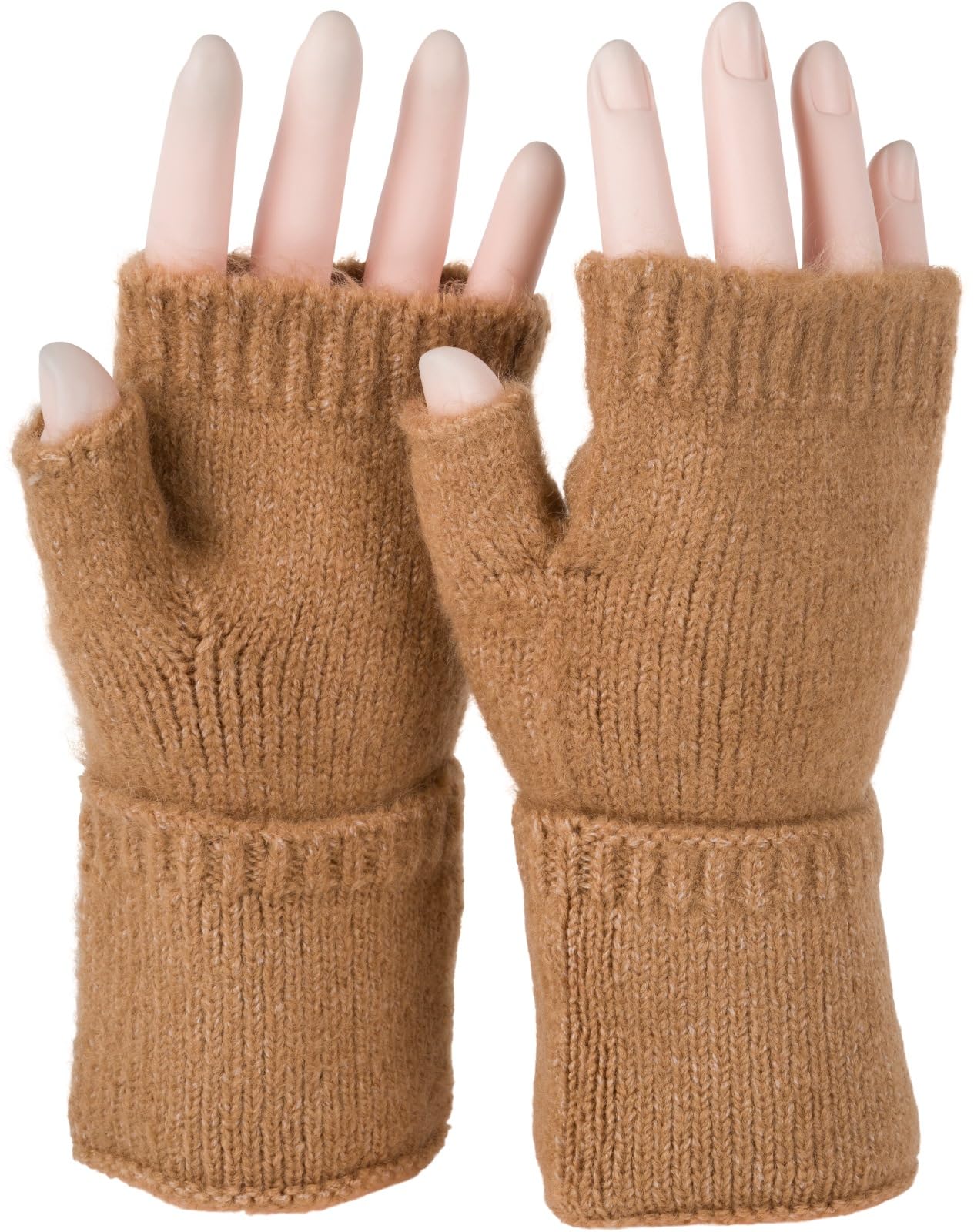 styleBREAKER Ladies Fingerless Knitted Gloves Unicoloured with cuff, warm winter gloves 09010052, Colour:Camel