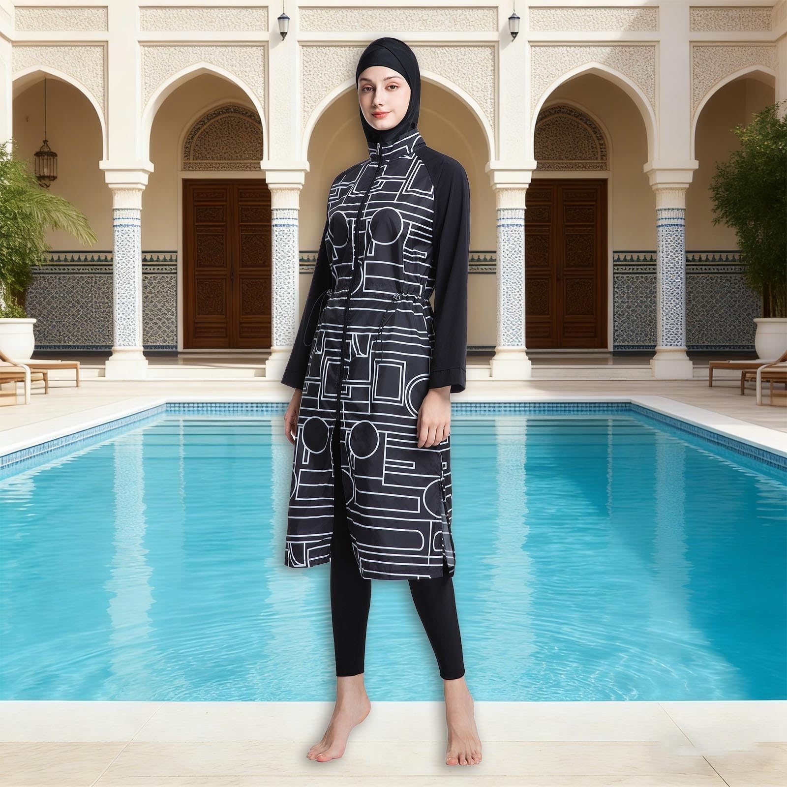 Traje de Baño Musulmán de Dos Piezas con Túnica de Manga Larga y Leggings para Natación Playa y Piscina
