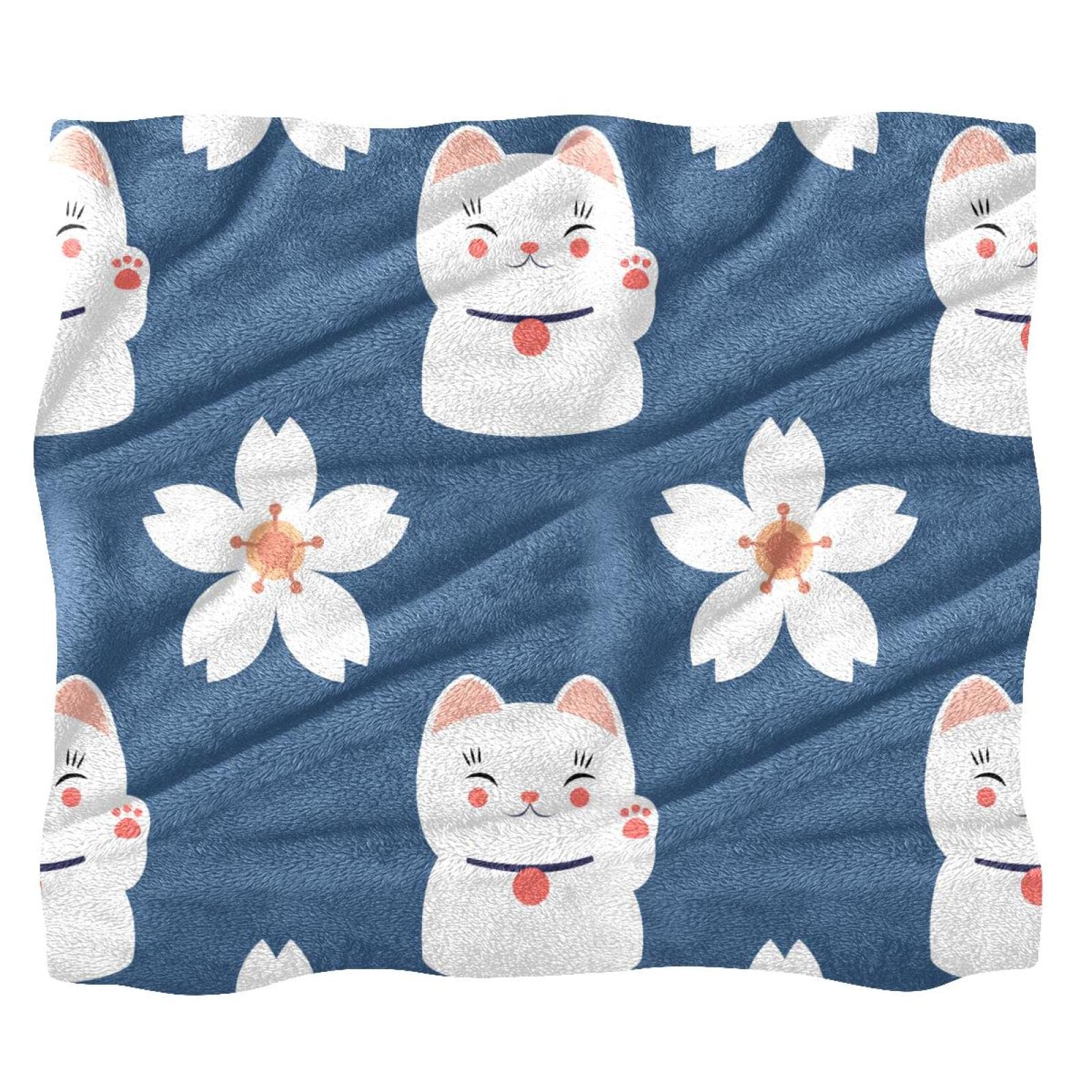 Multicoloured Japan Cartoon Lucky Cat Cherry Blossoms Fleece Throw Blanket For Couch Sofa Or Bed Cozy Soft Blankets