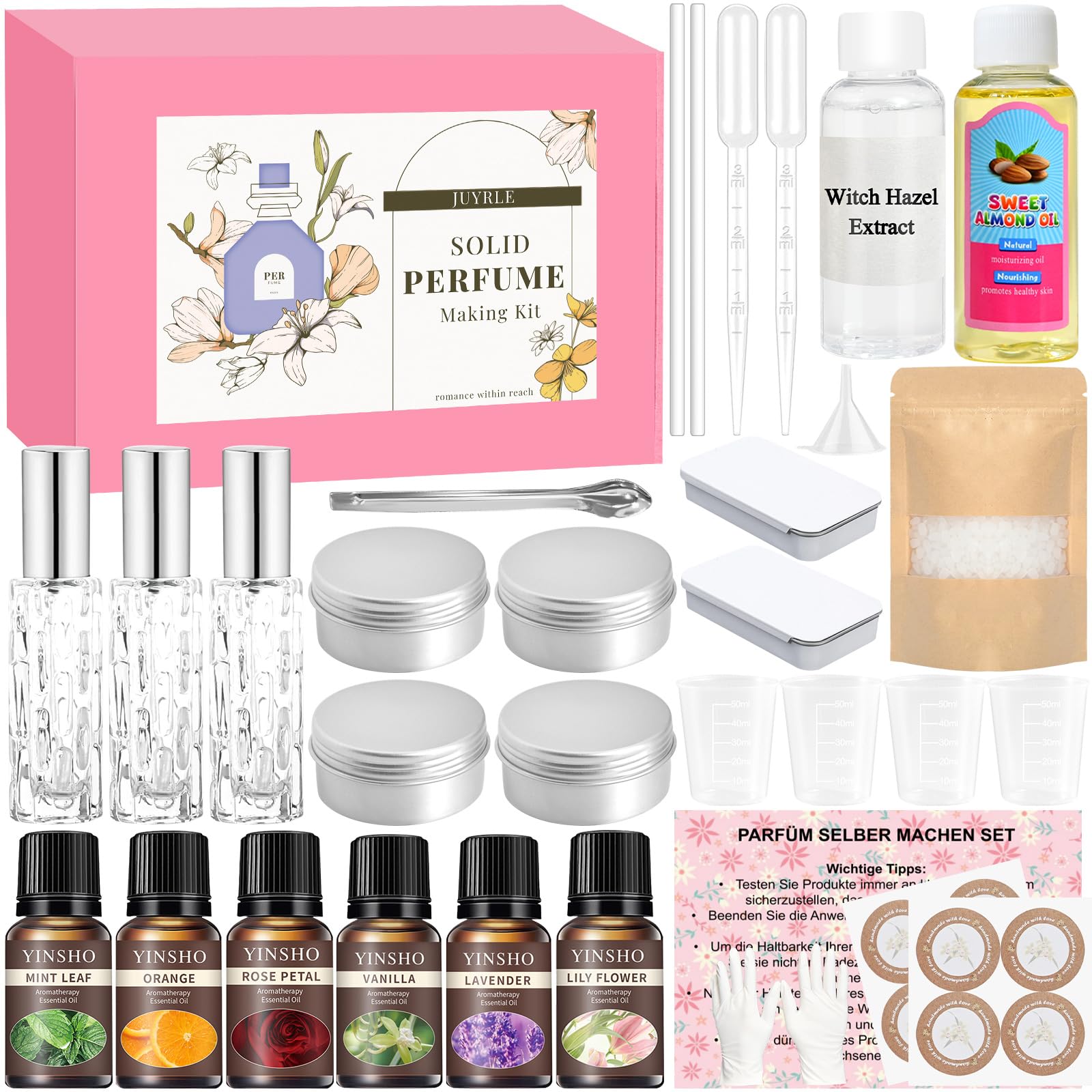JUYRLE Parfüm Selber Machen Set, Solid Perfume Oil Making Kit, Kreative Bastelset Erwachsene DIY mit Ätherisches Öl, Mini Düfte mit Klein Sprühflasche, Als Geschenk für Damen/Frauen