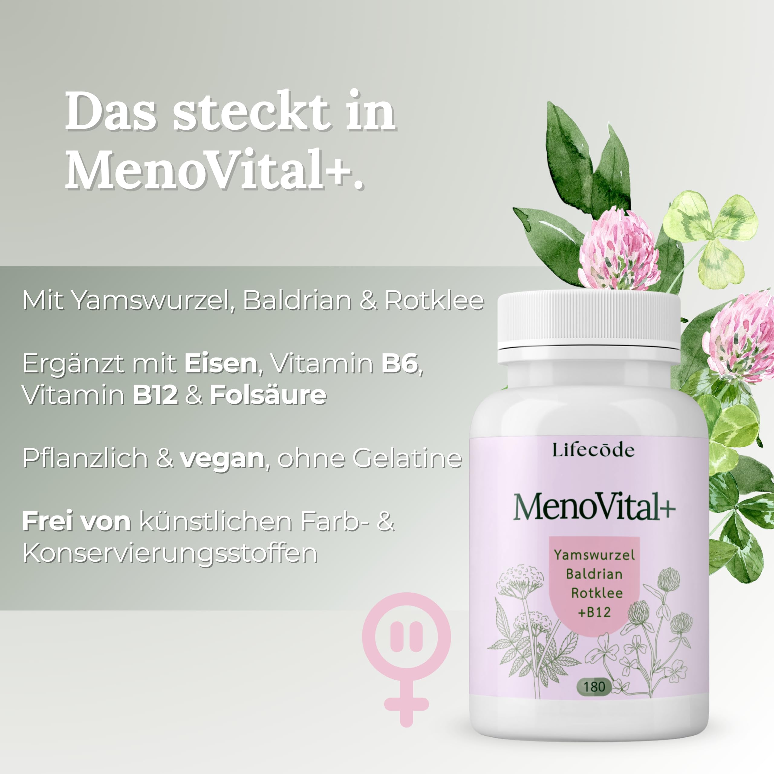 Wechseljahre Kapseln für Frauen ab 50 | Meno Vital+ | Komplex mit Yamswurzel, Rotklee & Baldrian | Eisen, Folsäure & B-Vitamine | Hitzewallungen, Schlaf & Stimmung | 180 vegane Kapseln, laborgeprüft