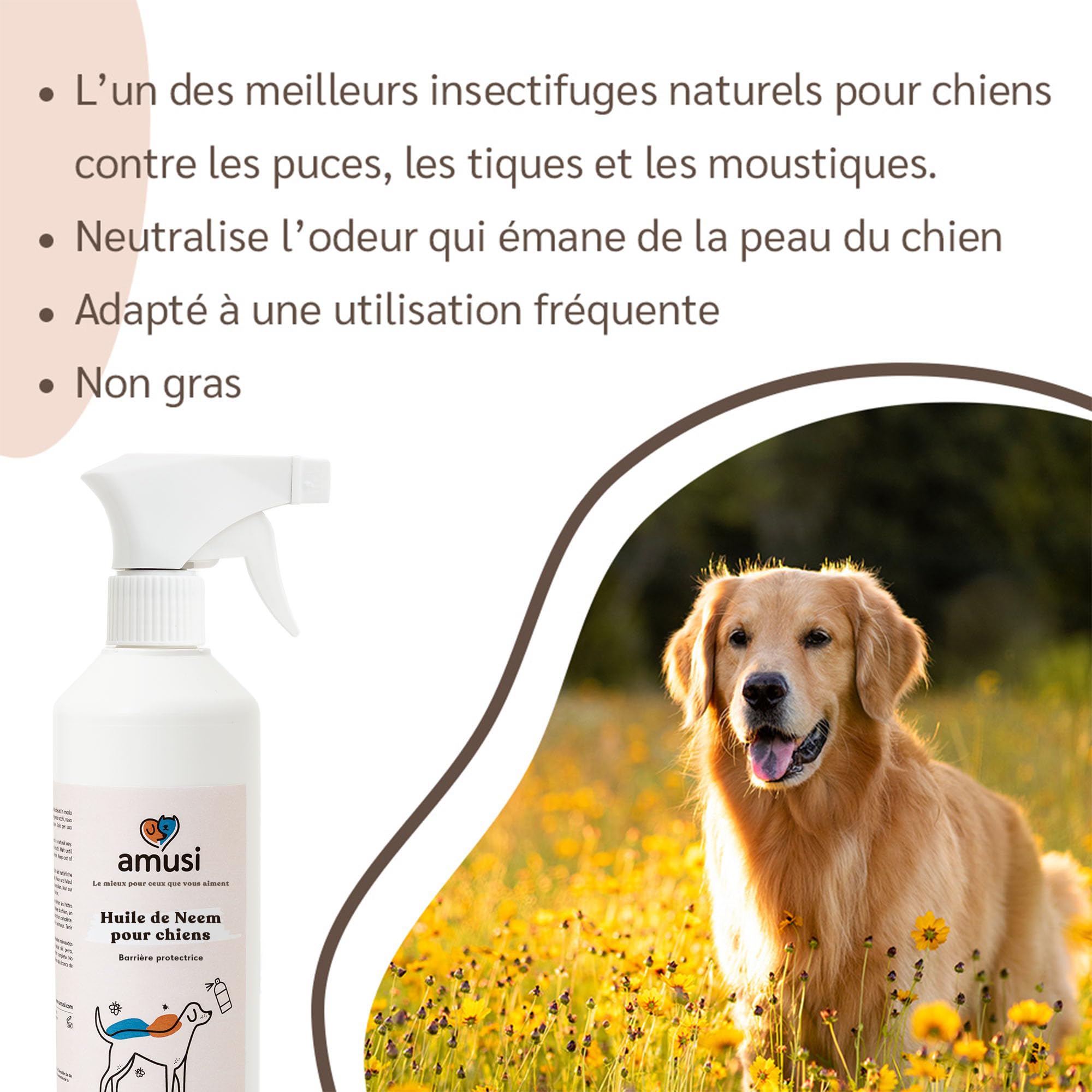 amusi Huile de Neem pour Chiens - 500 ML - Spray Répulsif - Protection 100% Naturelle - Spray Contre Les tiques, Mouches, acariens, poux - Répulsif pour Chiens - Huile de neem