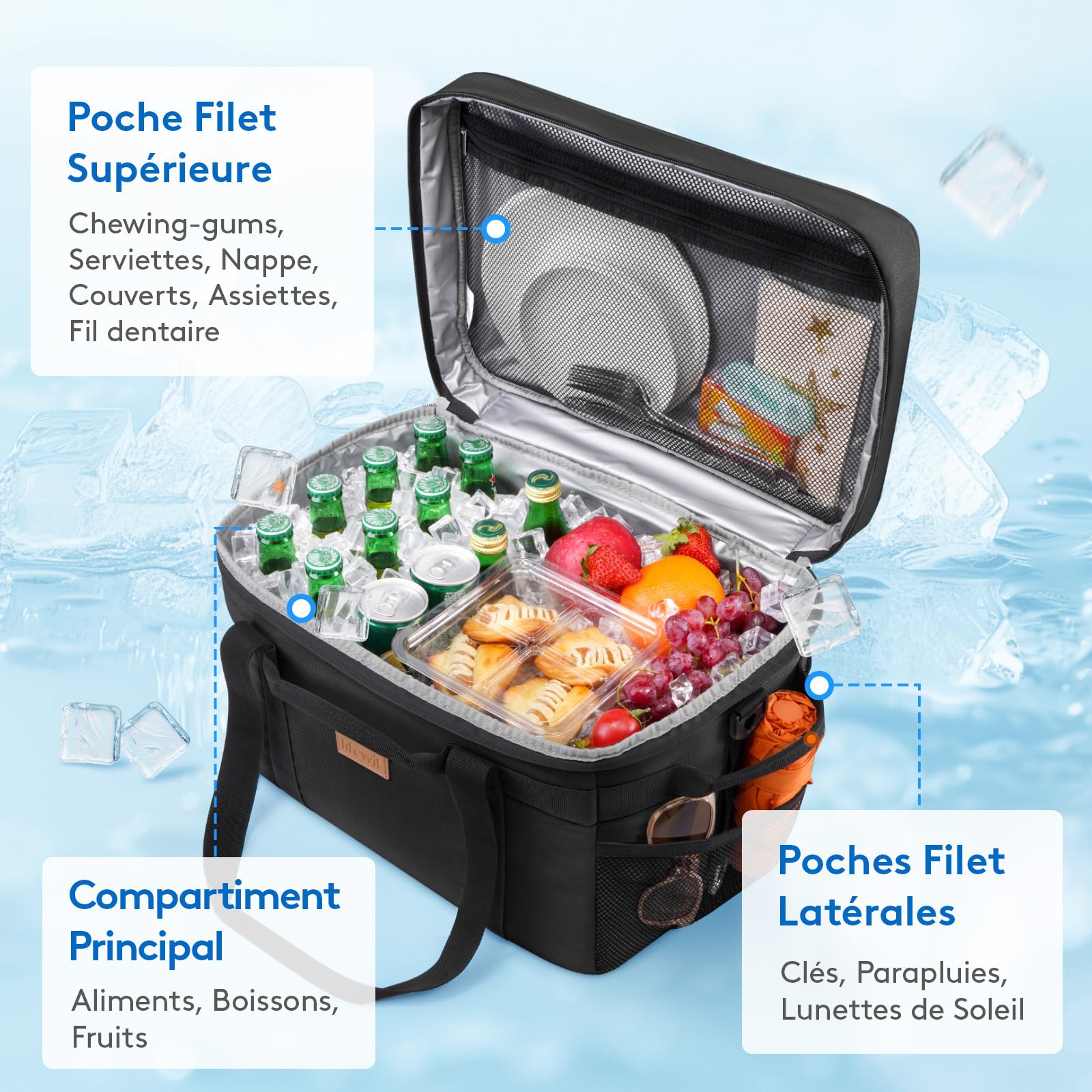 Lifewit Sac Isotherme, Grand Glaciere Souple Isotherme pour Repas Homme Femme, Sac Pique Nique Portable avec Plusieurs Poignées pour Pique-Nique, Camping, Barbecue, Noir, 30L