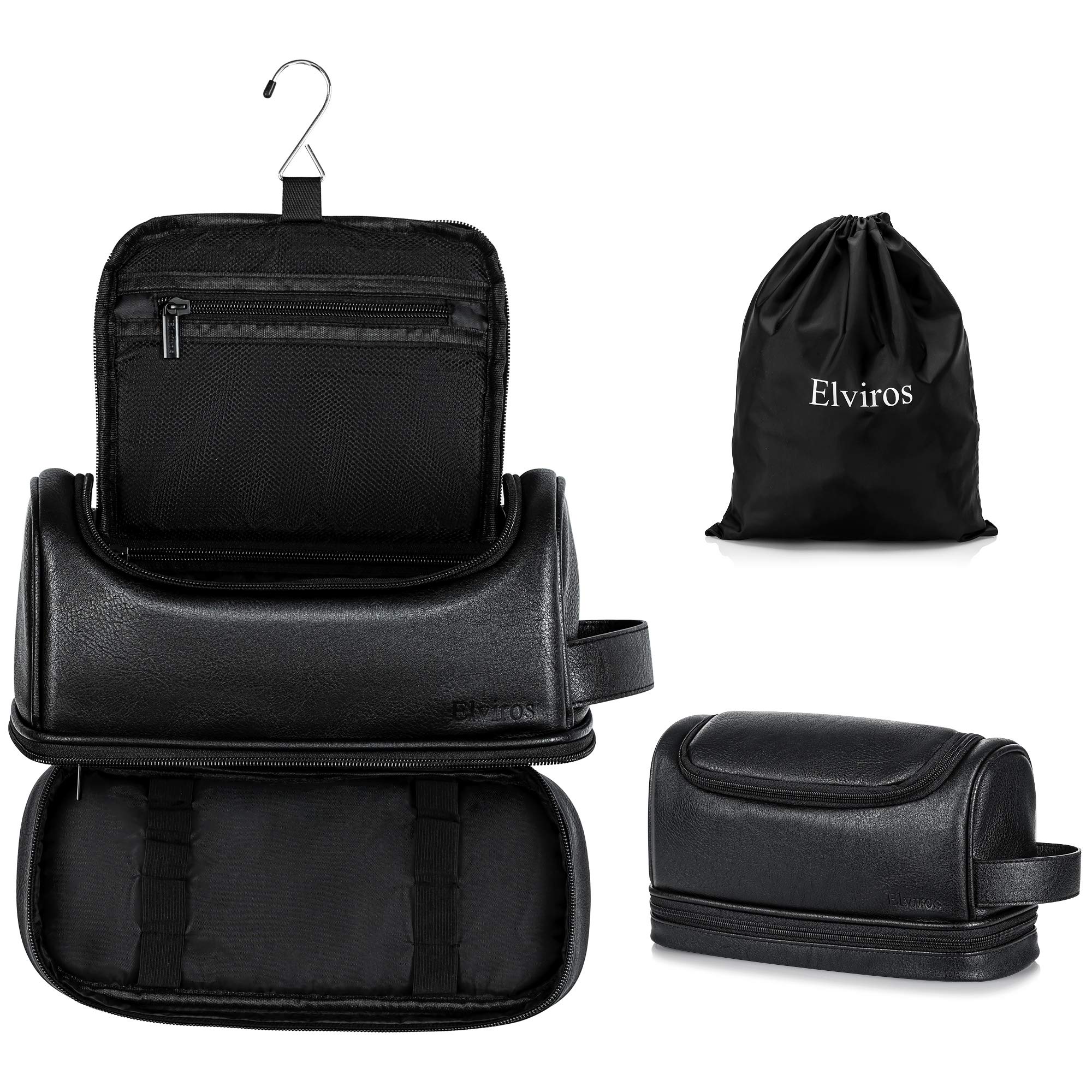 Elviros Beauty case, organizer da viaggio da uomo in pelle con gancio per appenderlo, grande borsa da toilette resistente all'acqua da bagno da donna, nero, Extra Large, Beauty case grande