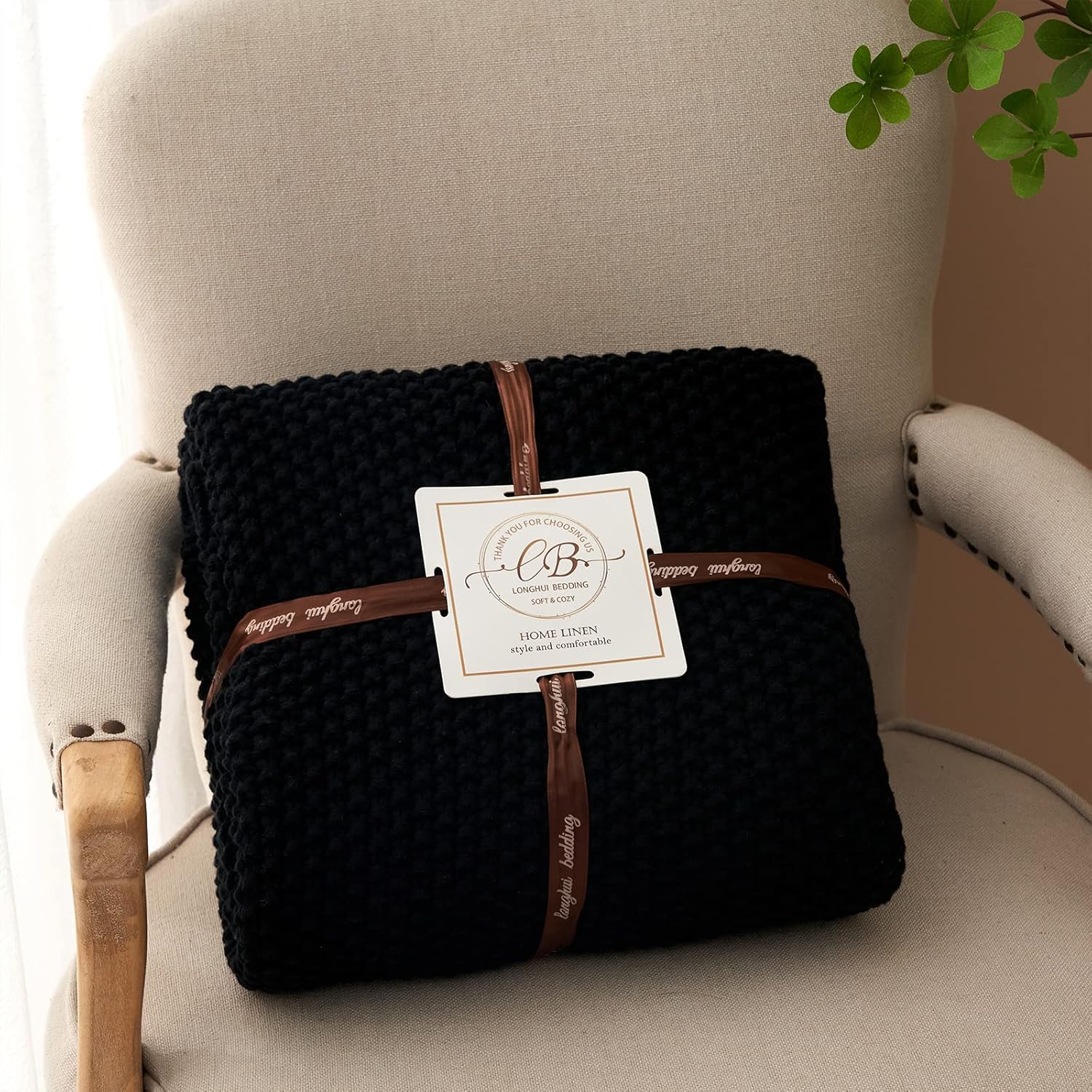 Chunky Cable Knit Throw Blanket Lightweight Black 100% Organic Cotton Blanket for Sofa Couch Bed Baby Nursery, Rustic Shabby Chic Modern Farmhouse, 51” x 63” Give Laundering Bag - Image 8