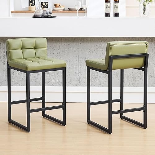 Juego de 2 taburetes de bar, modernos, de cuero sintético con respaldo bajo y reposapiés, tapizadas para isla de cocina, encimera (verde aguacate,