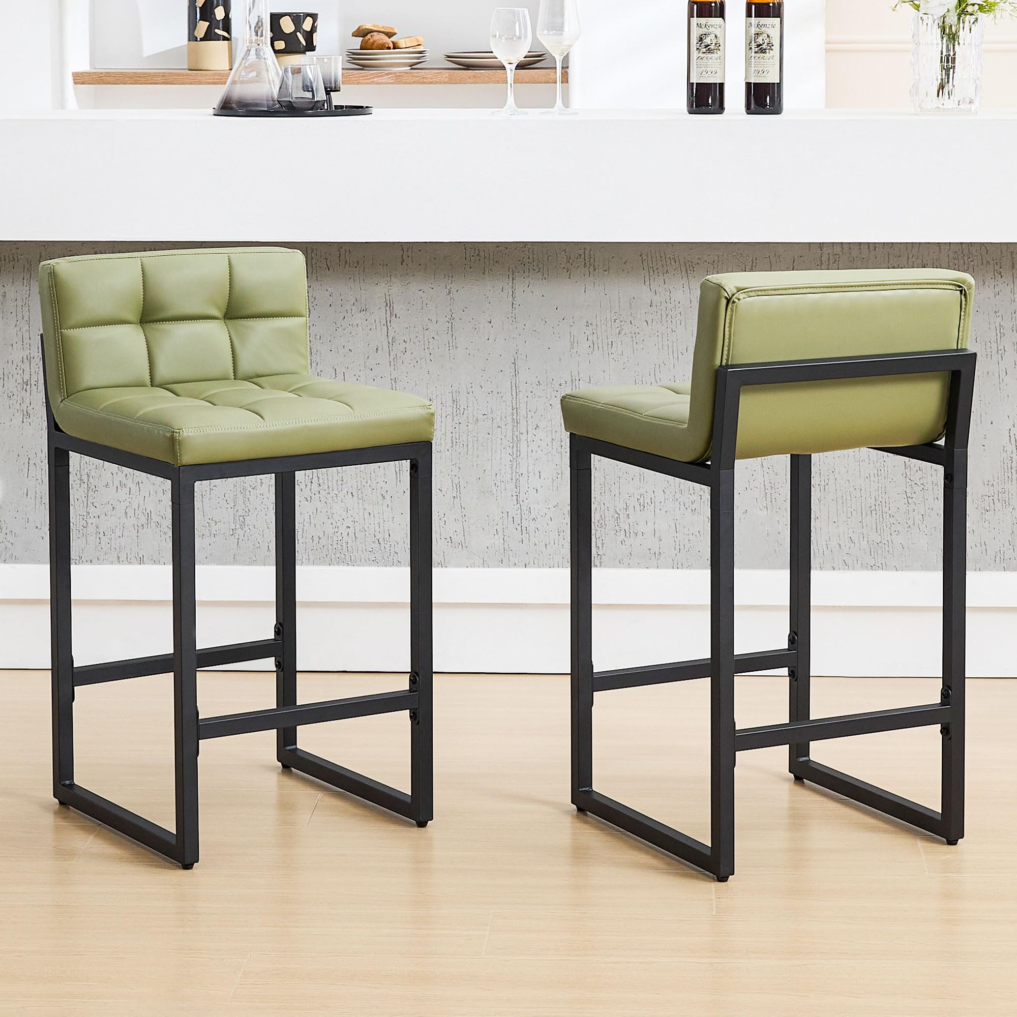 Counter Height Bar Stools Set of 2, Modern Faux Leather Counter Stools with Low Back and Footrest, Upholstered Bar Chairs for Kitchen Island, Bar, Counter (Avocado Green, 2Pcs 26" Bar Stools)