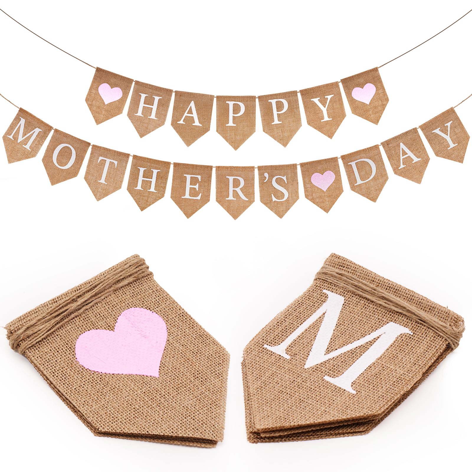 jijAcraft Mother's Day Burlap Banner, Pre-strung Happy Mother's Day Banner with Pink Heart, Rustic Mothers Party Decoration Banners, Mothers Day Surprise Decoration for Window, Fireplace, Table