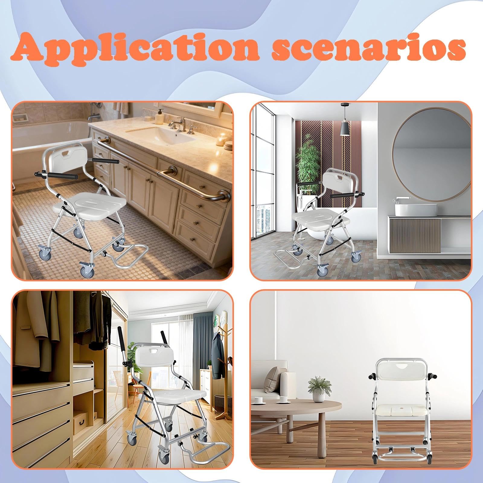 Sedia da Doccia con Rotelle, Sedia WC Doccia con Rotelle Pieghevole, Bianco Sedia da Toilette Mobile per Malati, Disabili e Incinte, Sgabello Doccia con Braccioli e Schienale, Carico 120 kg