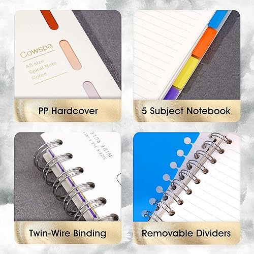 Miniatura 3 de Yoment Cuaderno de espiral de 5 materias encuadernado en espiral con rayas anchas de 7 x 8.5 pulgadas, cuaderno de espiral de tapa dura con