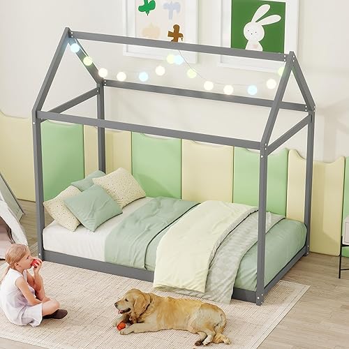 Bellemave Cama de casa de tamaño individual para niños, cama de piso individual, cama de piso estilo Montessori con estante, cama de madera para