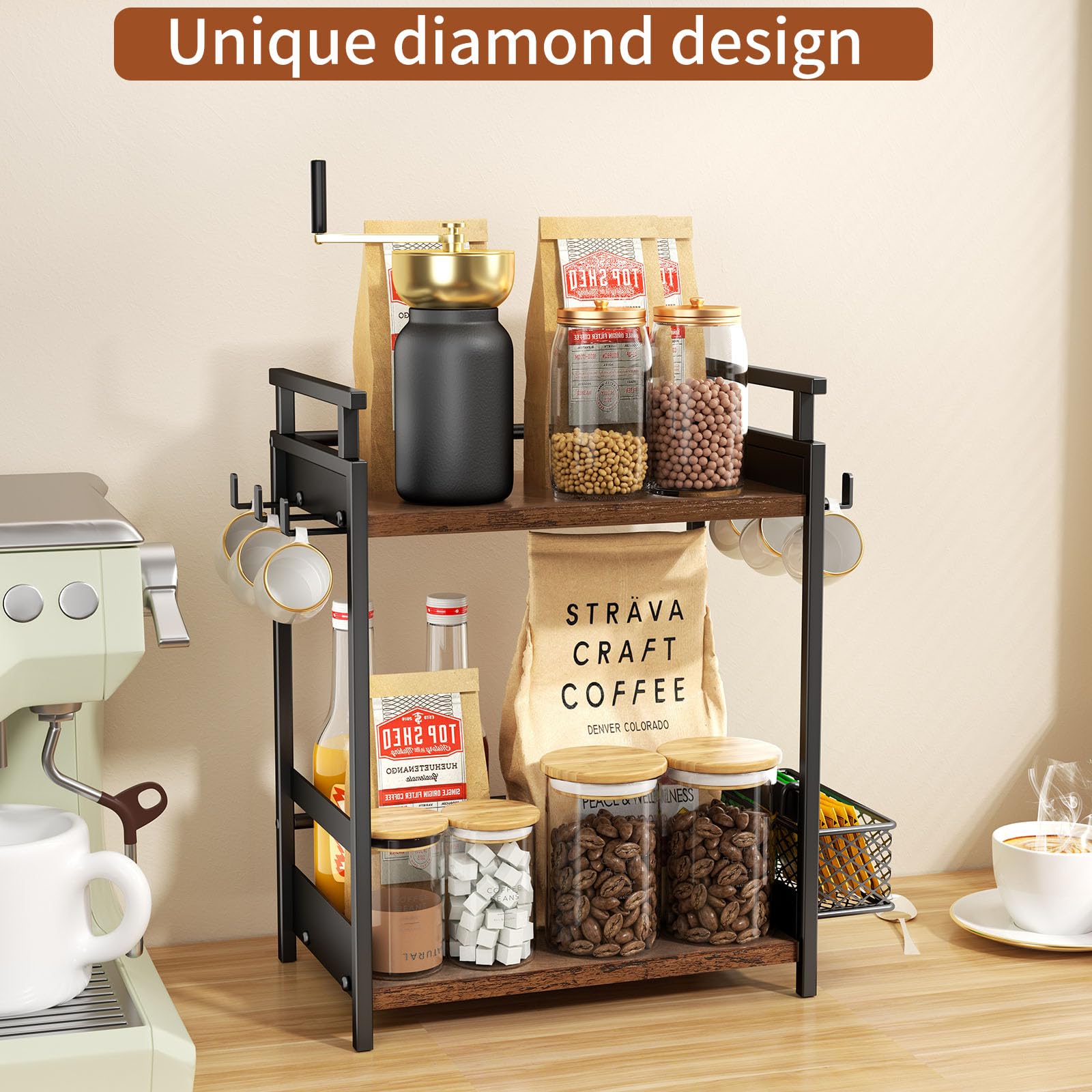 Organizador de barra de café de 2 niveles para oficina en casa, estante de especias para encimera, estante de almacenamiento de encimera de cocina con cesta colgante, organizador de estación de 2