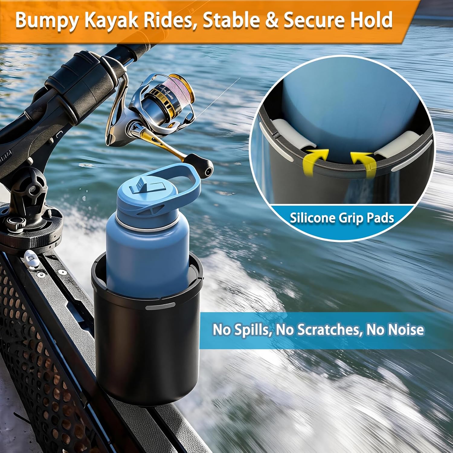 2Pcs Upgraded Kayak Cup Holder with Track & Clamp Mount, 360° Adjustable Cup Holder Fits 12oz-40oz Tumblers, 2-in-1 Cup & Storage Bin for Kayak Fishing, Tree Stand Hunting, Fits Round & Square Rods