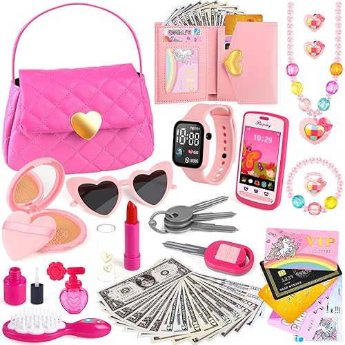 Kids Play Purse for Little Girls Toddlers, Toy Purse with Accessories, Wallet, Fake Phone, Fake Makeup Toys & Play Jewelry, Toddler Pretend Play Toys for Girls, Little Girl Gifts Age 3 4 5 6 Year Old