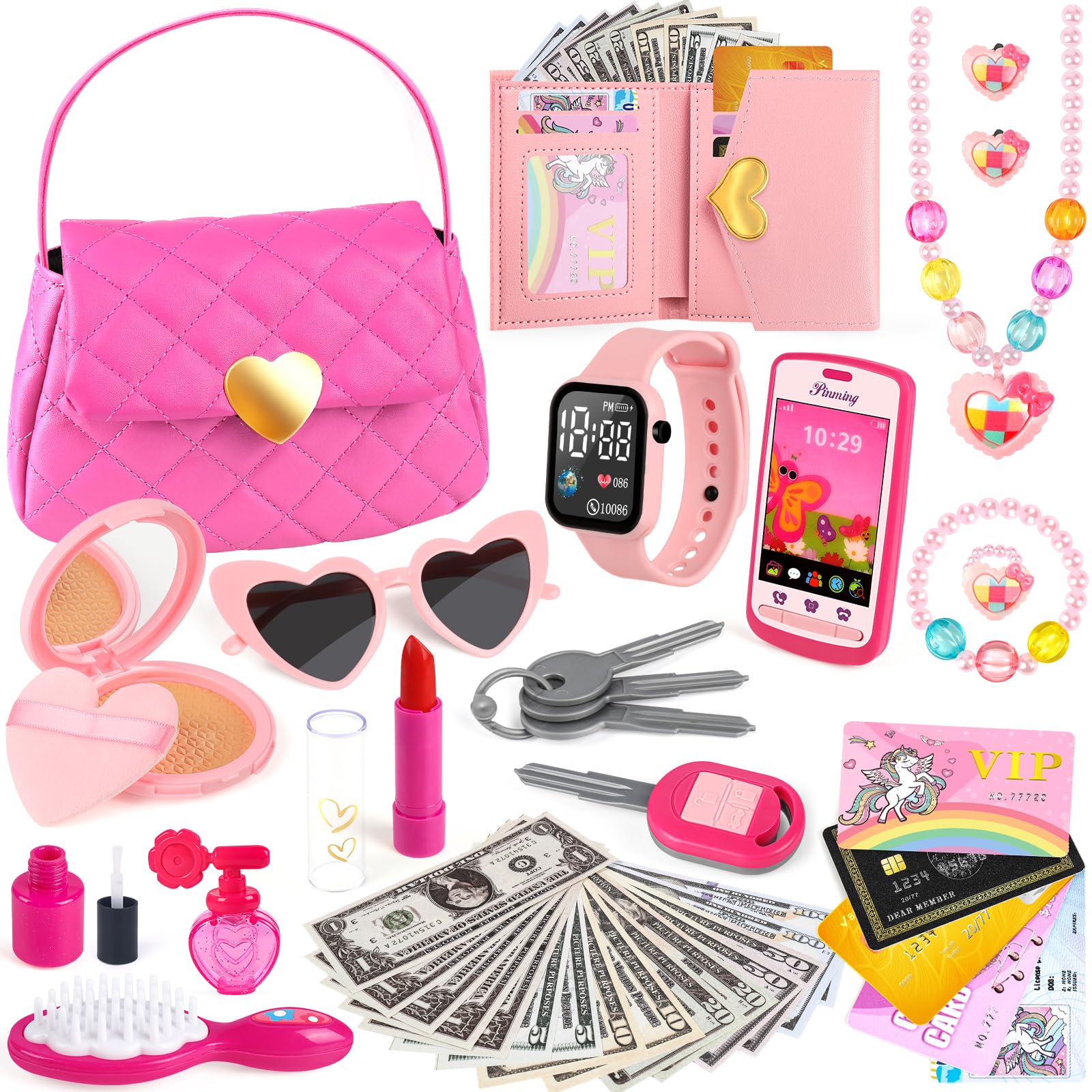 Kids Play Purse for Little Girls Toddlers, Toy Purse with Accessories, Wallet, Fake Phone, Fake Makeup Toys & Play Jewelry, Toddler Pretend Play Toys for Girls, Little Girl Gifts Age 3 4 5 6 Year Old