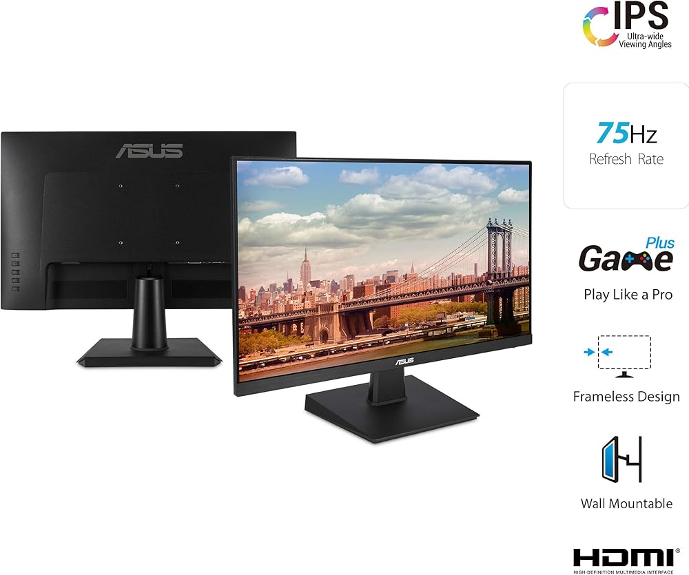Asus VA24EHE 23.8” Monitor, 1080P, Full HD, IPS, 75Hz, HDMI D-Sub DVI-D, Adaptive-Sync / FreeSync, VESA wall mountable, Eye Care, Flicker-free and Low Blue Light thumbnail 2