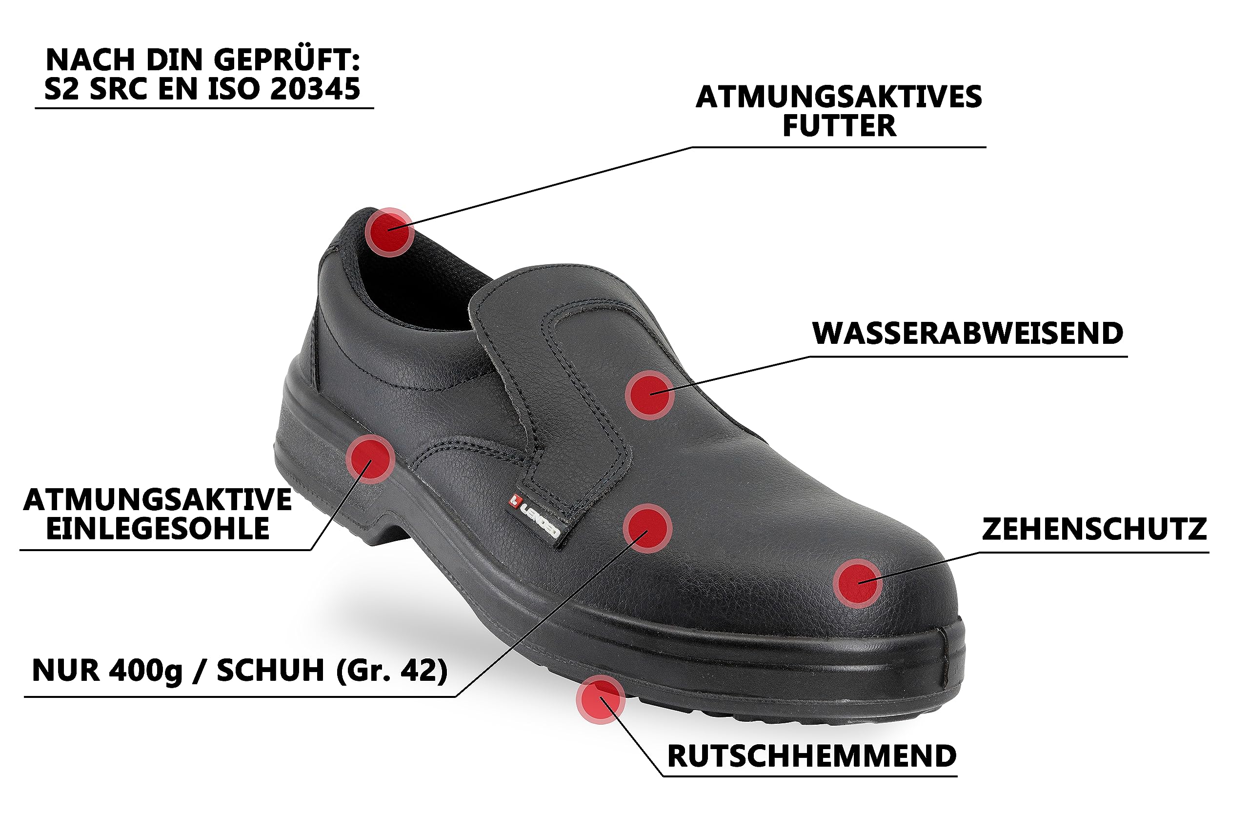 Base Black S2 czarne płaskie buty ochronne, buty robocze, do pielęgnacji, buty do gotowania, czarny, 46 EU